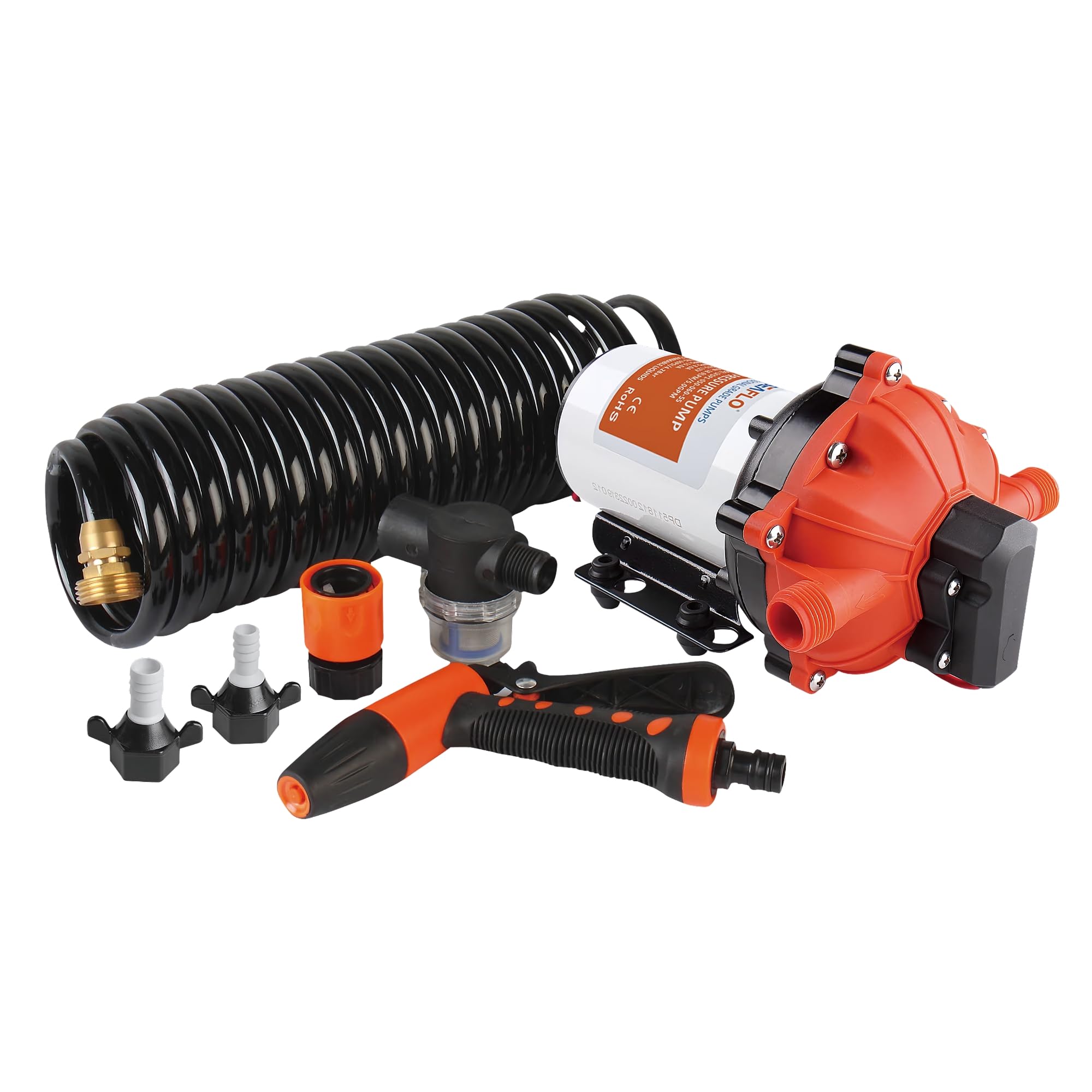 SEAFLO 55-Series 12V DC Washdown Pump Kit - 5.5 GPM, 60 PSI, Self-Priming Marine Water Pump with Adjustable Pressure Switch & Coiled Hose - High Flow Pressure Washer for RV, Boat, Off-Grid, and Outdoor Cleaning Applications