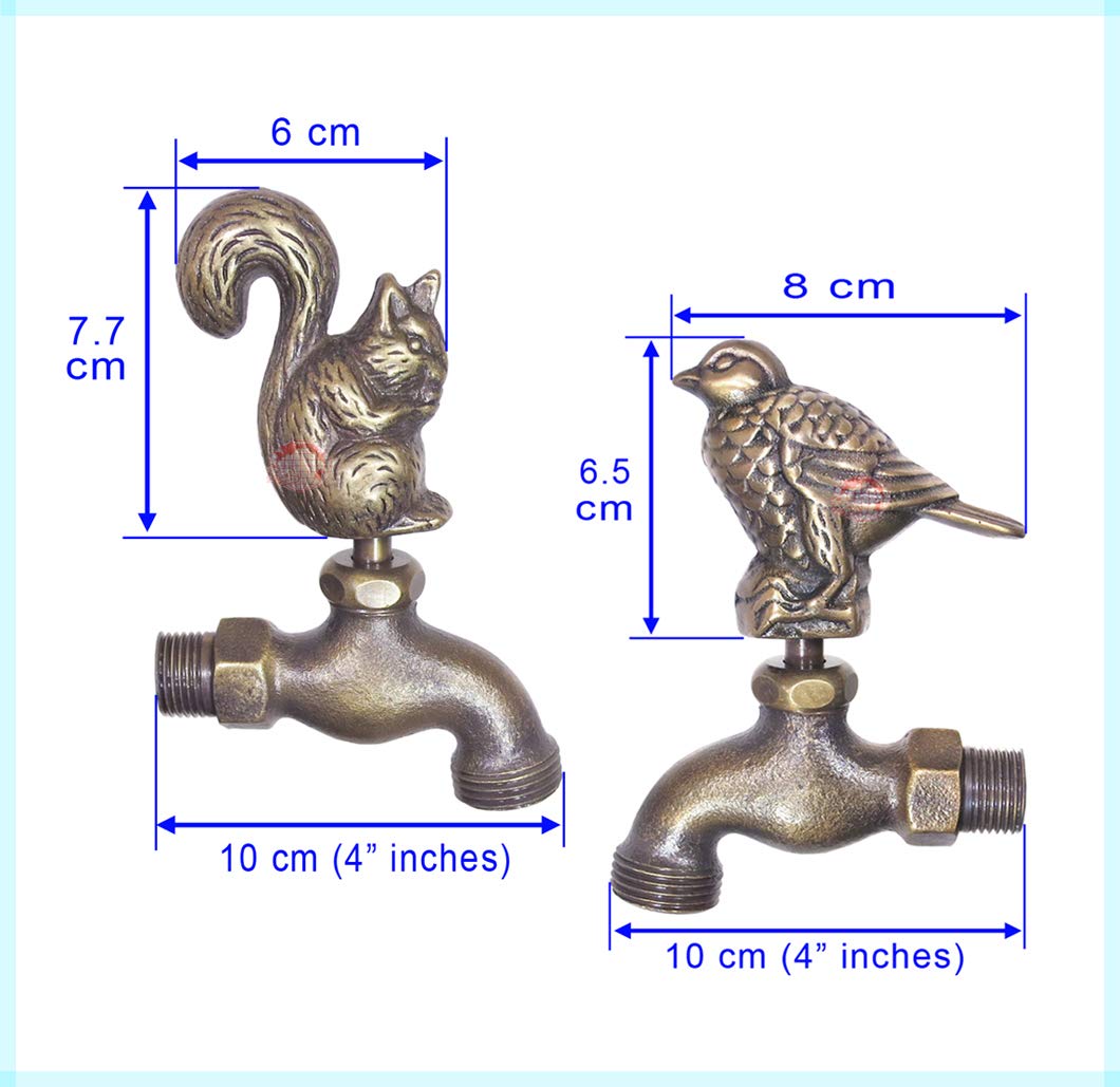 Decorative Solid Brass Outdoor Garden Faucet 4 Inch Set of 2 - Squirrel & Bird Animal Yard Water Tap, Spigot Bibcock for Patio, Lawn & Backyard Decor - Perfect Gift for Garden Lovers