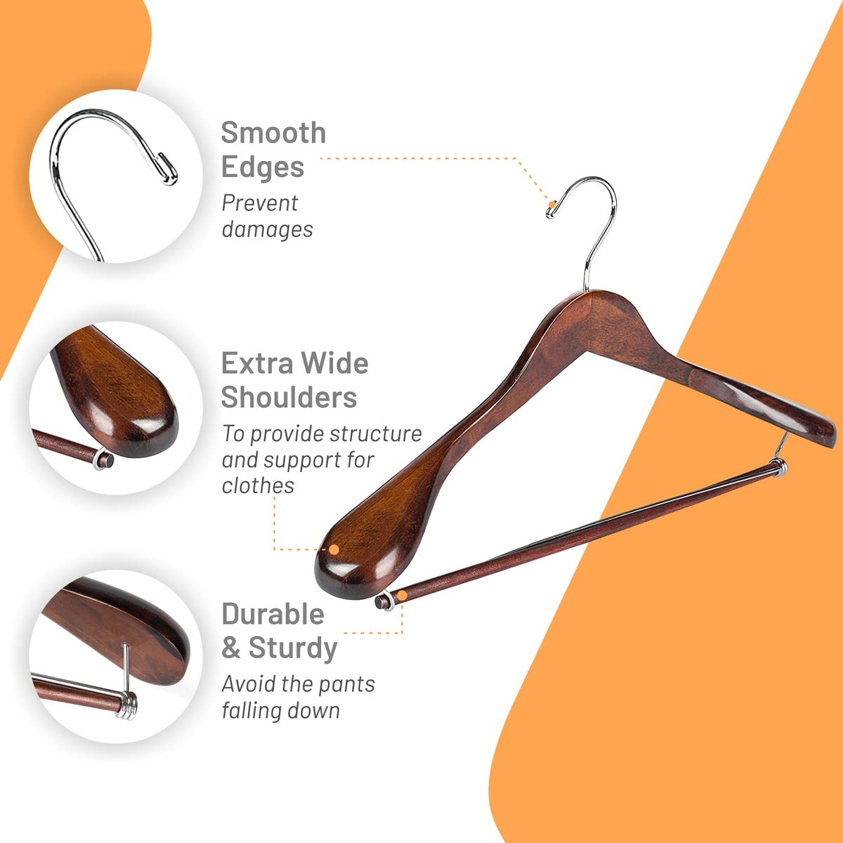 Premium Wooden Suit Hangers 6-Pack - Non-Slip Wide Shoulder Coat Hangers with 360° Swivel Hook for Men & Women | Ideal for Jackets, Dresses, Pants & Formal Wear Closet Organization