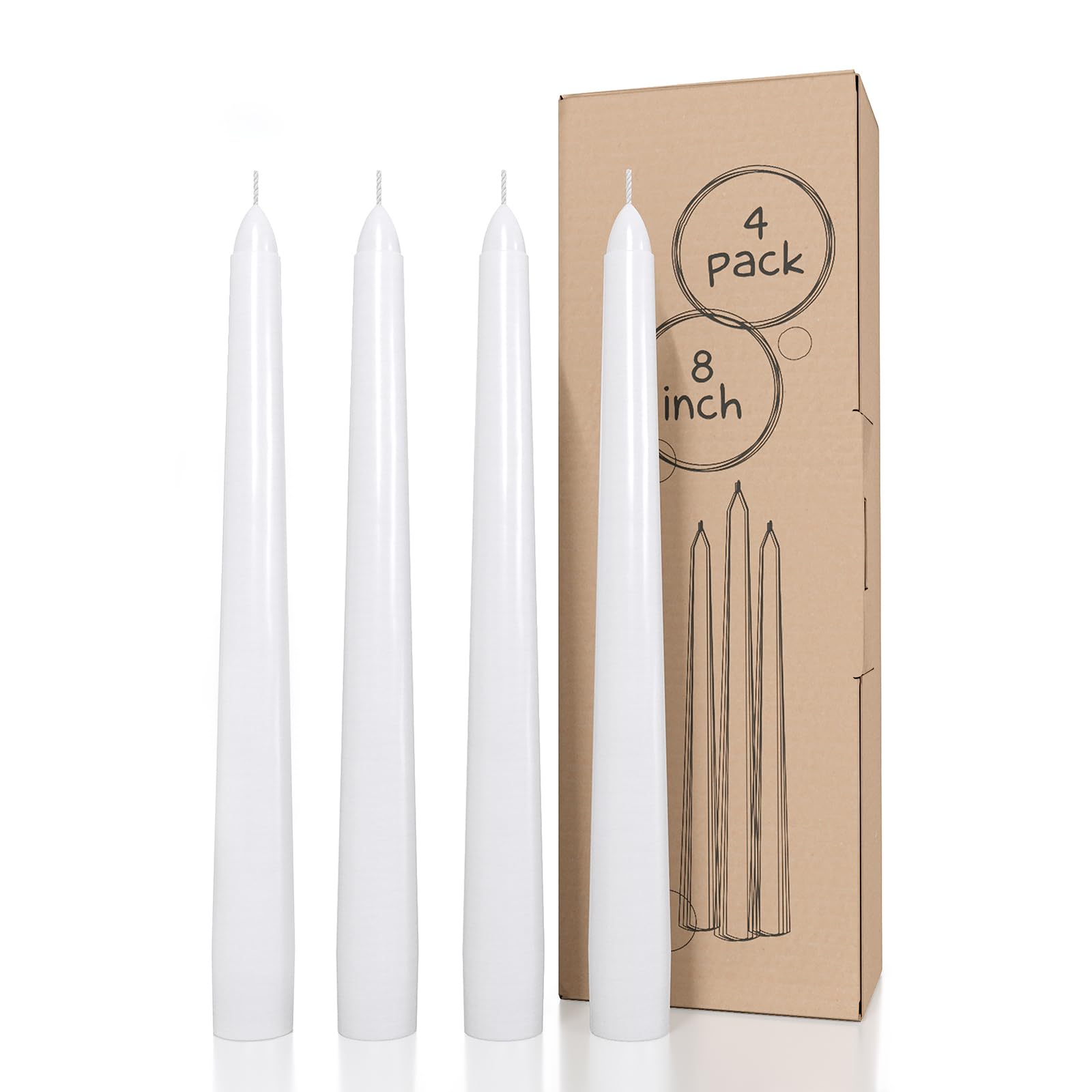 White Taper Candles 8 Inch - Set of 4 Dripless Dinner Candles for Romantic Dining