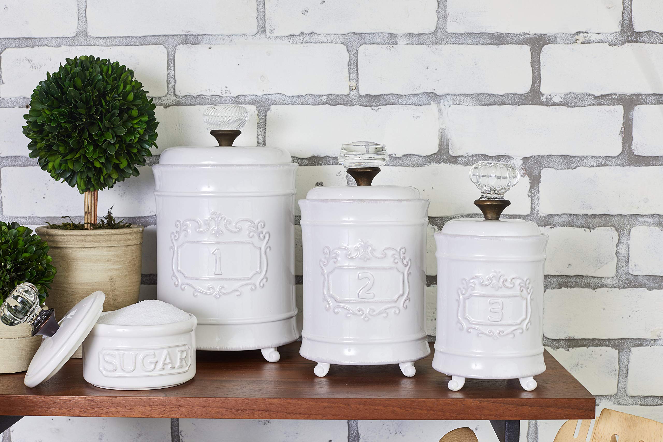 Mud Pie Kitchen Canister Set of 3 - White Ceramic Storage Containers for Flour, Sugar & Coffee | Pantry Organization & Home Decor