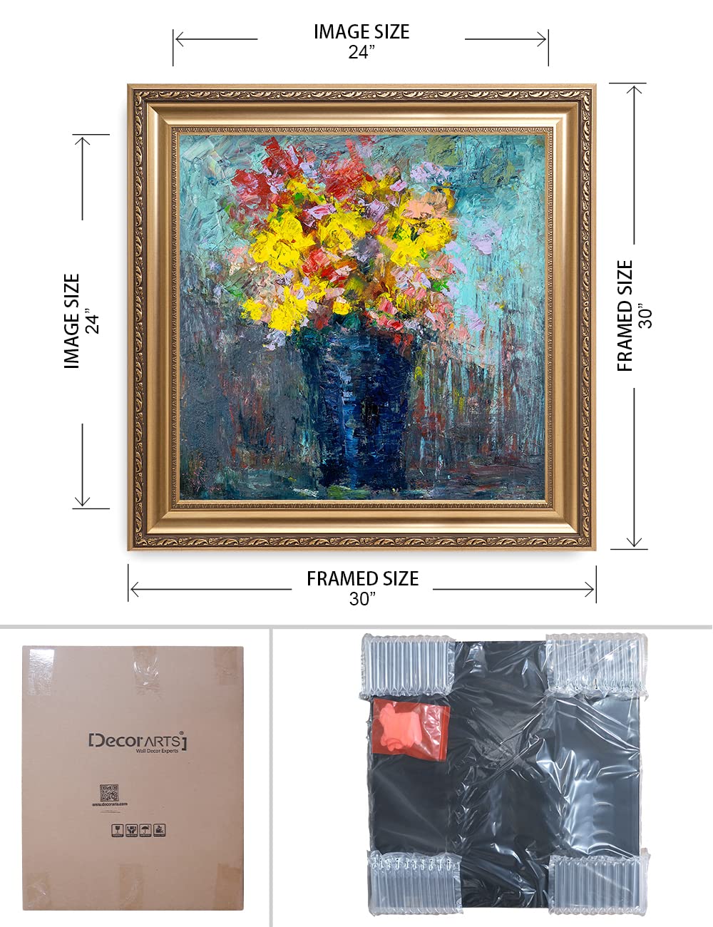 DECORARTS - After The Rain by David Ma - Floral Abstract Wall Art Print - Giclee Canvas in Classic Gold Frame (30x30 Inches) - Ready to Hang - Perfect for Living Room, Bedroom & Office Decor