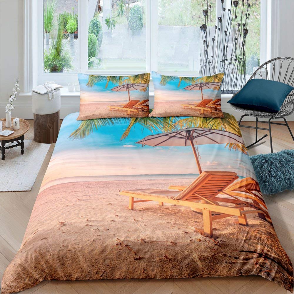 Happy Holiday Beach Duvet Cover Set - Twin Size for Girls & Adults, Modern Bedding with Lounge Chairs & Umbrella Design, Soft Quilt Cover for Kids & Children (2-Piece Set) - Perfect for Summer Vacations, Beach House Decor & Festive Bedroom Themes