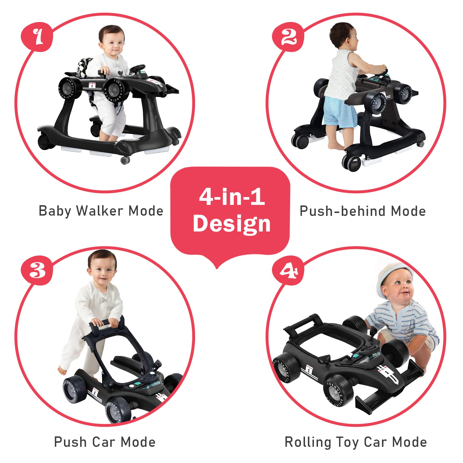 BABY JOY 4-in-1 Foldable Baby Walker with Adjustable Height & Speed - Musical Light-Up Activity Walker with Anti-Rollover Wheels for Toddlers 6-18 Months (Black) | Perfect for Learning to Walk, Indoor Play & Early Development