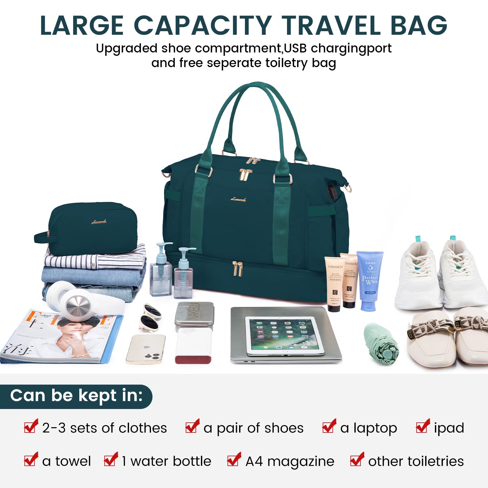 LOVEVOOK Women's Gym Bag with USB Charging Port - Travel Duffel Bag, Weekender Overnight Bag with Shoe Compartment & Toiletry Bag - Perfect for Workout, Travel, Hospital Labor Delivery & Daily Use