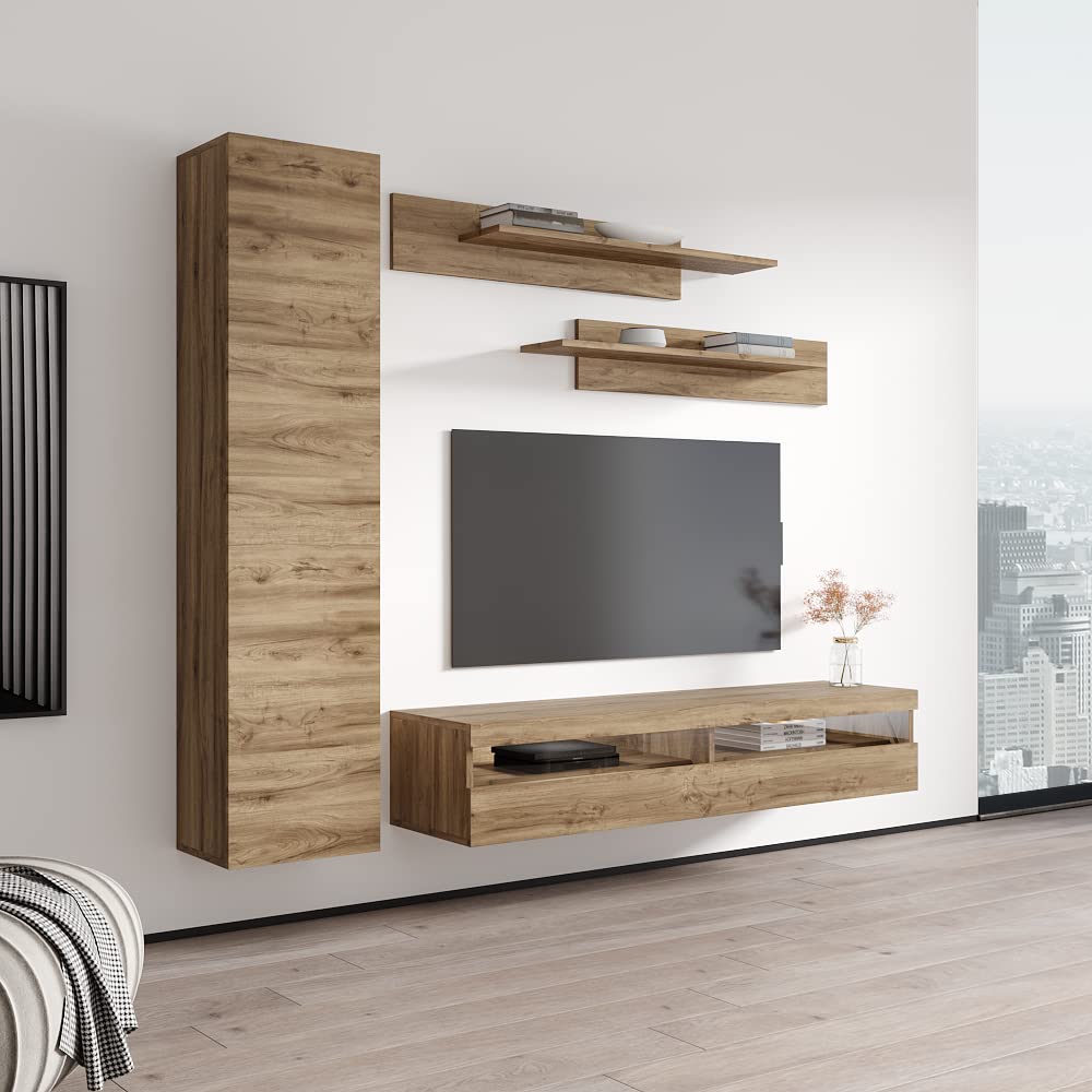 Modern Floating TV Stand with Storage & LED Lights - Wall-Mounted Entertainment Center for Bedroom & Living Room - Oak Wood TV Console with Shelves - Perfect for Small Spaces & Home Theater Setup