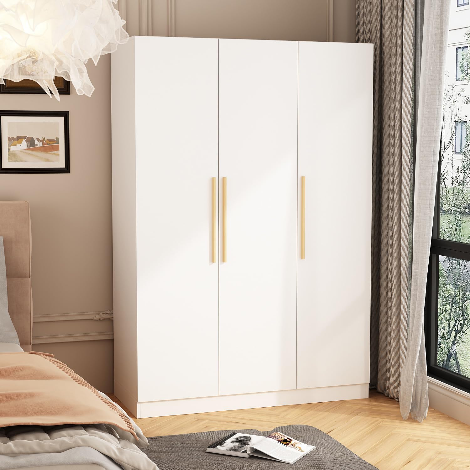 Hitow 3-Door Wardrobe Armoire Closet for Bedroom - White Wooden Storage Cabinet with Hanging Rod & Adjustable Shelves (47.2