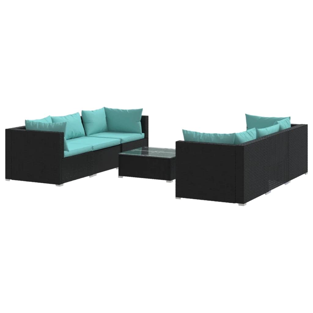 vidaXL 7-Piece Patio Lounge Set - Black Outdoor Poly Rattan Furniture with Aqua Cushions & Powder-Coated Steel Frames | Durable Garden Sofa Set for Backyard, Poolside & Terrace Relaxation