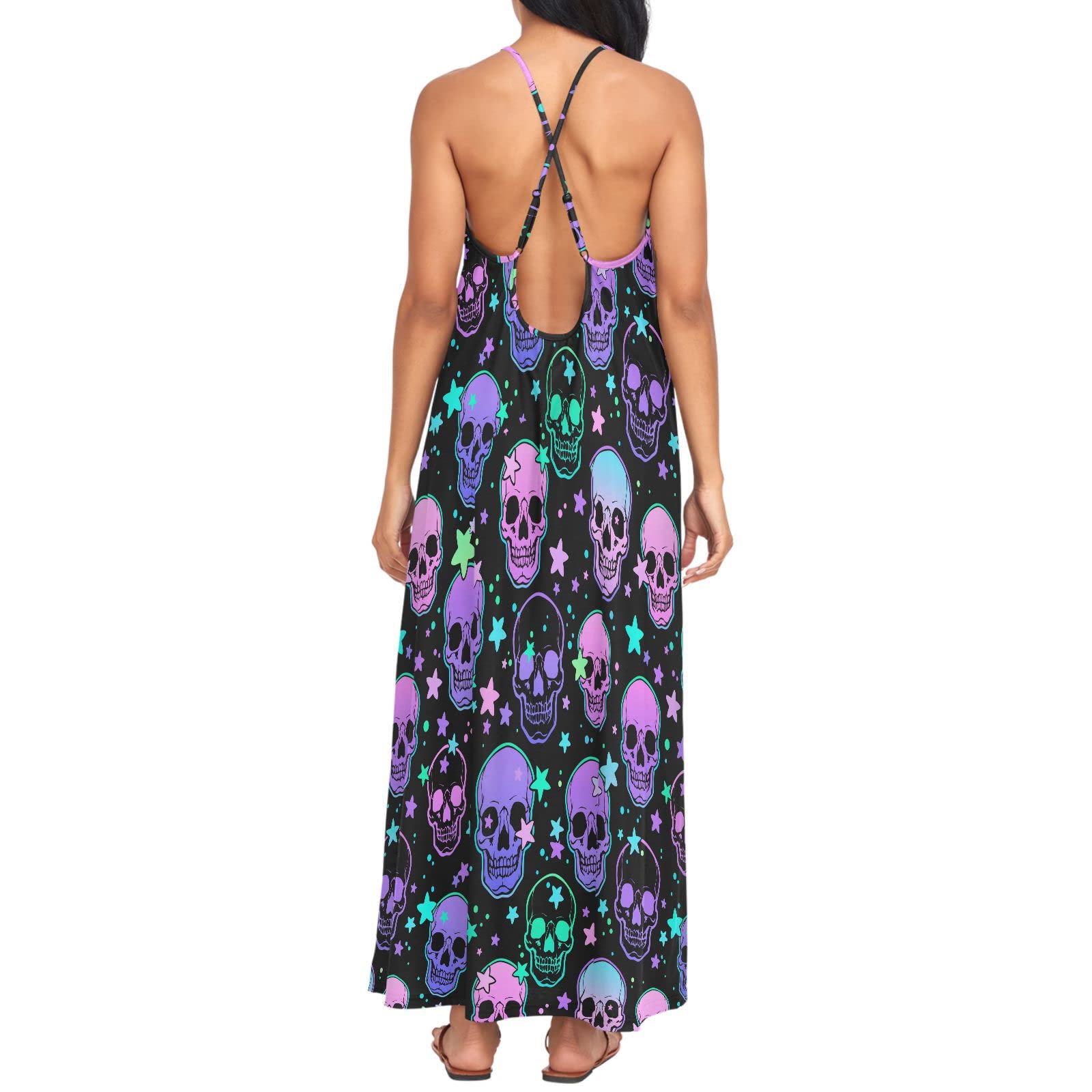MNSRUU Women's Skull Rose Print Sexy Summer Beach Slip Dress - Gothic Floral Sleeveless Maxi Dress for Women, Perfect for Beach Vacation, Party, and Casual Outings