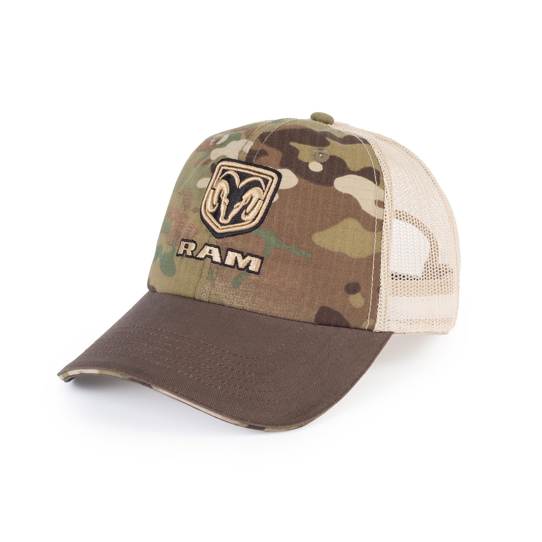RAM Trucks Logo Shield Camo Trucker Hat - Structured 6-Panel Cap, One Size - Perfect for Outdoor Adventures, Camping, and Casual Wear