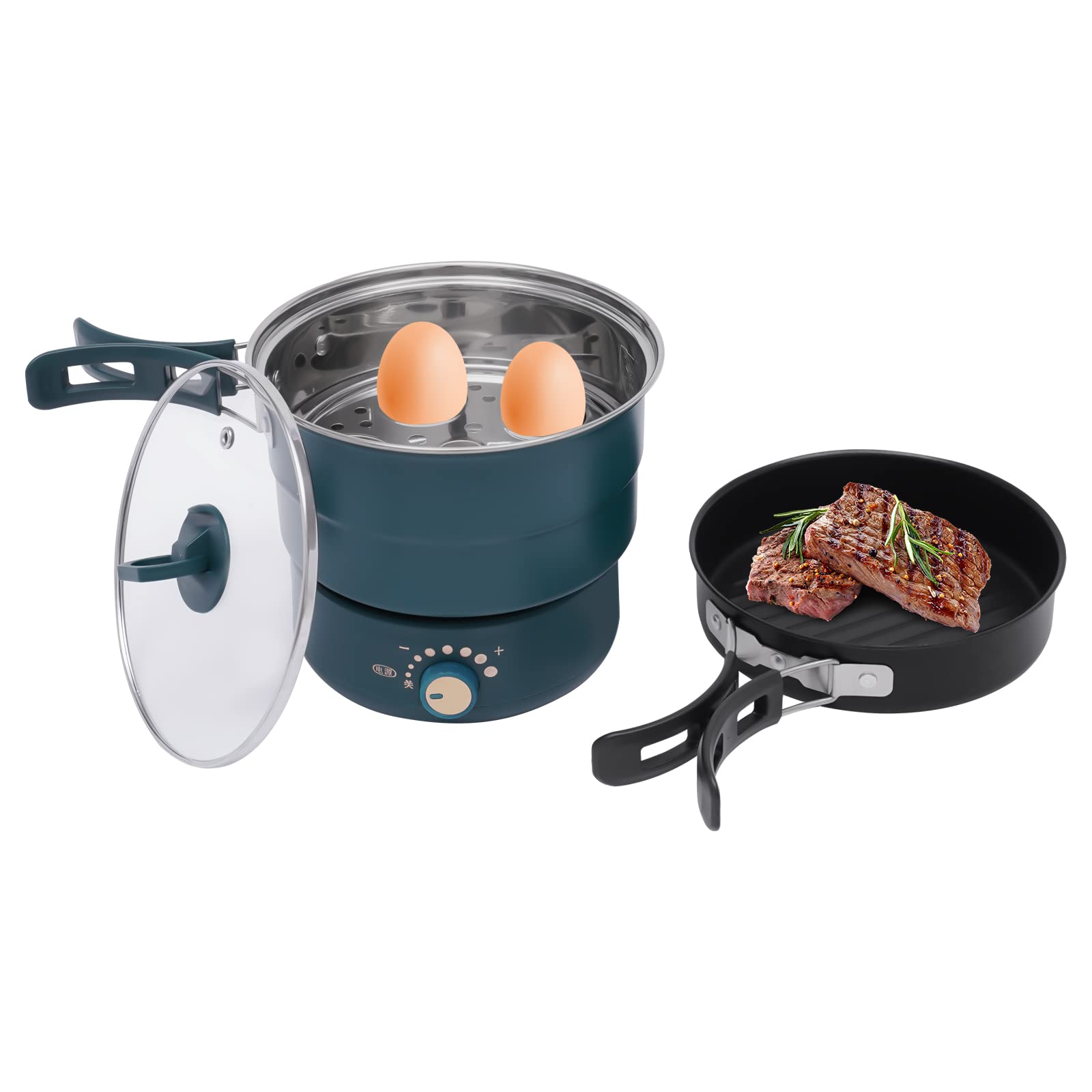 LYNICESHOP 110V Electric Hot Pot Cooker with Steamer - Portable Mini Travel Non-Stick Electric Skillet for Ramen, Pasta, Soup & More - Perfect for Dorms, Camping & Small Kitchens (Green)