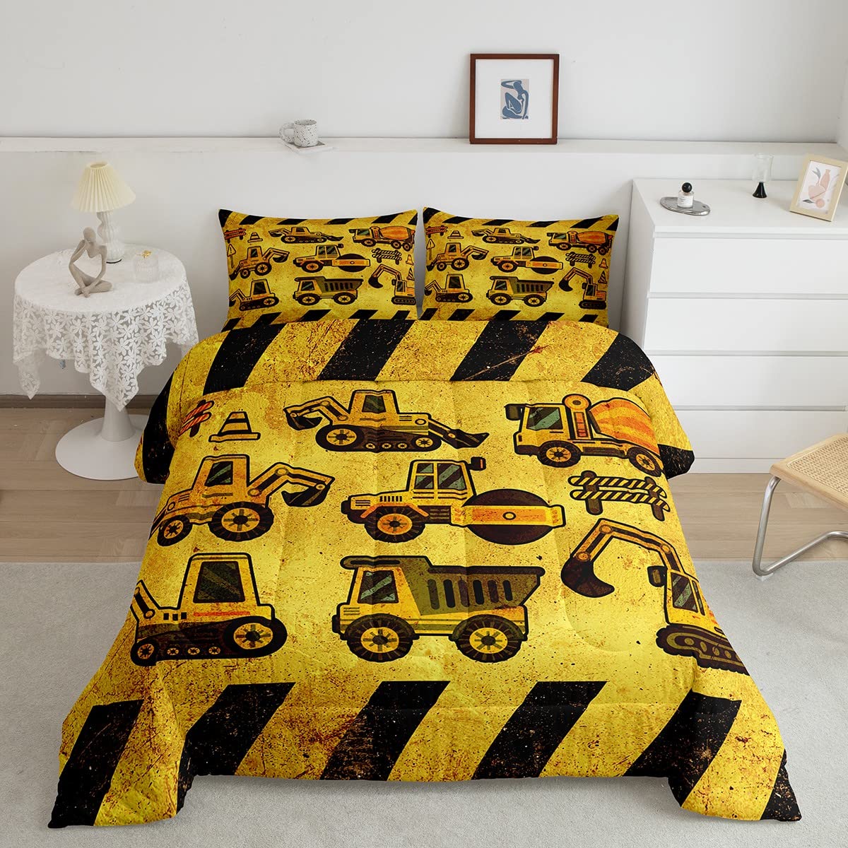 **Boys Cartoon Construction Truck Comforter Set Twin Size - Super Soft Kids Bedding with Yellow Tractor & Excavator Design - Perfect for Children's Car Theme Bedroom Decor**    *(Use Case: Ideal for toddlers, kids, and teens who love construction vehicles, great for bedroom makeovers, birthday gifts, and cozy sleep.)*