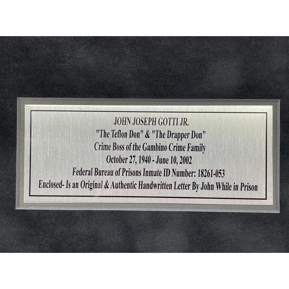Authentic John Gotti Hand-Signed Prison Letter Framed with PSA/DNA COA - Rare Gambino Mafia Mob Autograph Collectible for Crime Memorabilia Enthusiasts & History Buffs