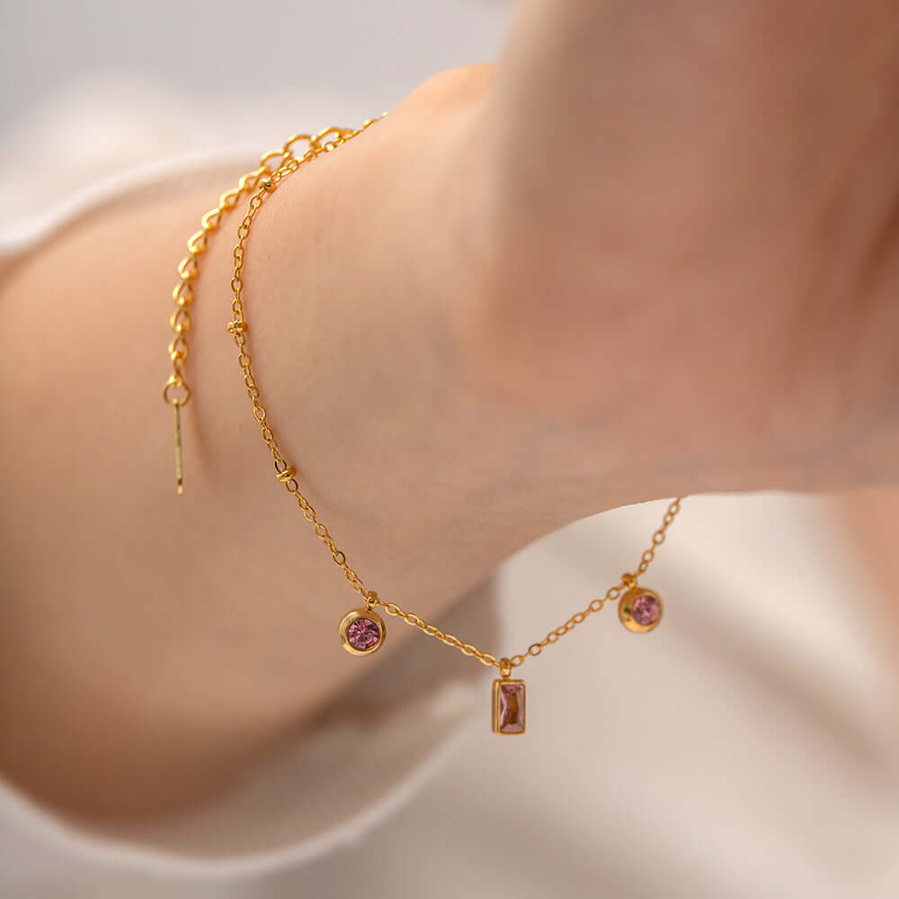 18K Gold Plated Baguette Charm Necklace & Pink Bracelet Set - Elegant Jewelry Gift for Women | Perfect for Valentine's Day, Anniversary & Special Occasions | JDN434