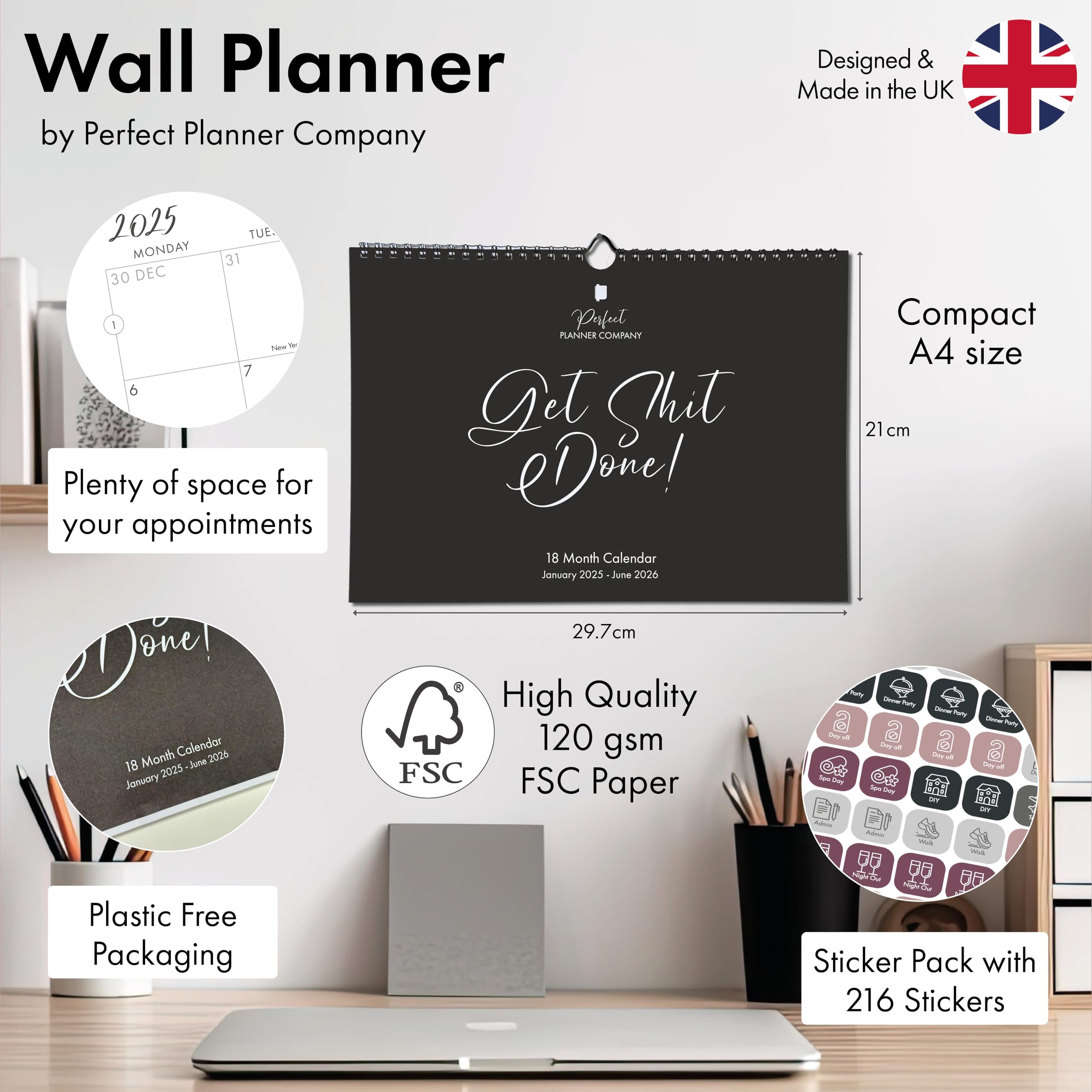 2025-2026 Wall Calendar with Stickers | 18-Month Planner (Jan 2025-Jun 2026) | Family, Couple & Personal Organizer | A4 Landscape Format | Perfect Planner Company | Ideal for Home, Office & School Planning