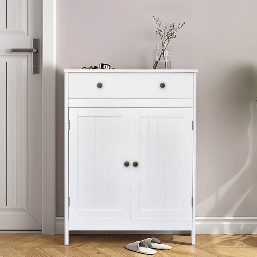 White Wooden Shutter Door Bathroom Cabinet - Entryway Storage with Adjustable Shelf for Home Organization