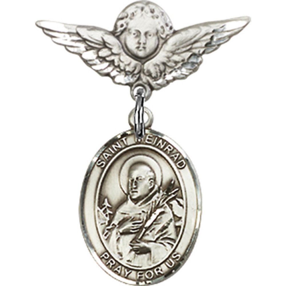 St. Meinrad of Einsideln Sterling Silver Baby Badge with Angel Wing Charm - 7/8 X 3/4 Inch Religious Pin for Christening, Baptism & First Communion Gifts