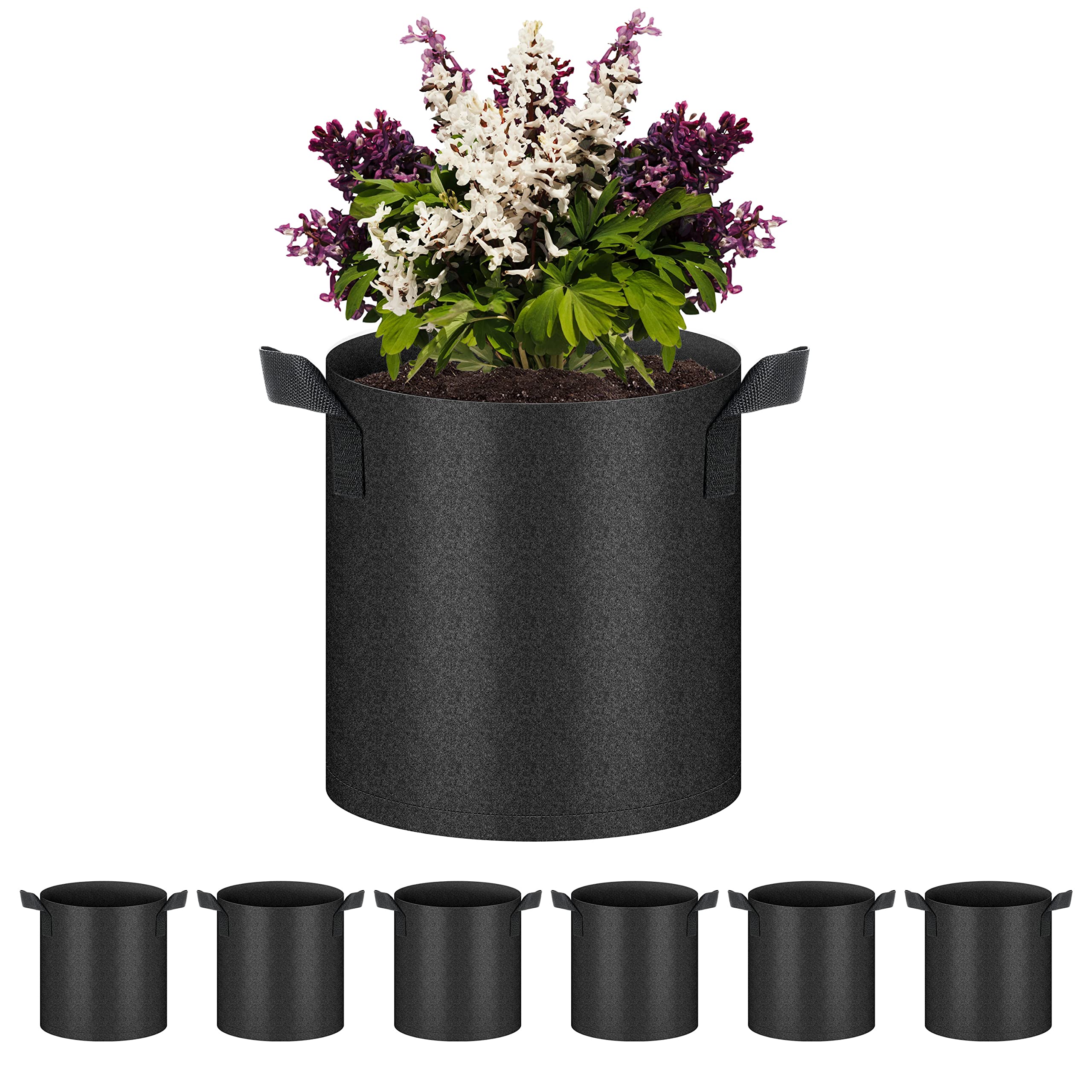 HealSmart 6-Pack 2 Gallon Nonwoven Fabric Grow Bags with Handles - Breathable Plant Pots for Vegetables, Fruits, Flowers & Herbs - Ideal for Indoor/Outdoor Gardening, Balcony Planting & Urban Farming (Black)