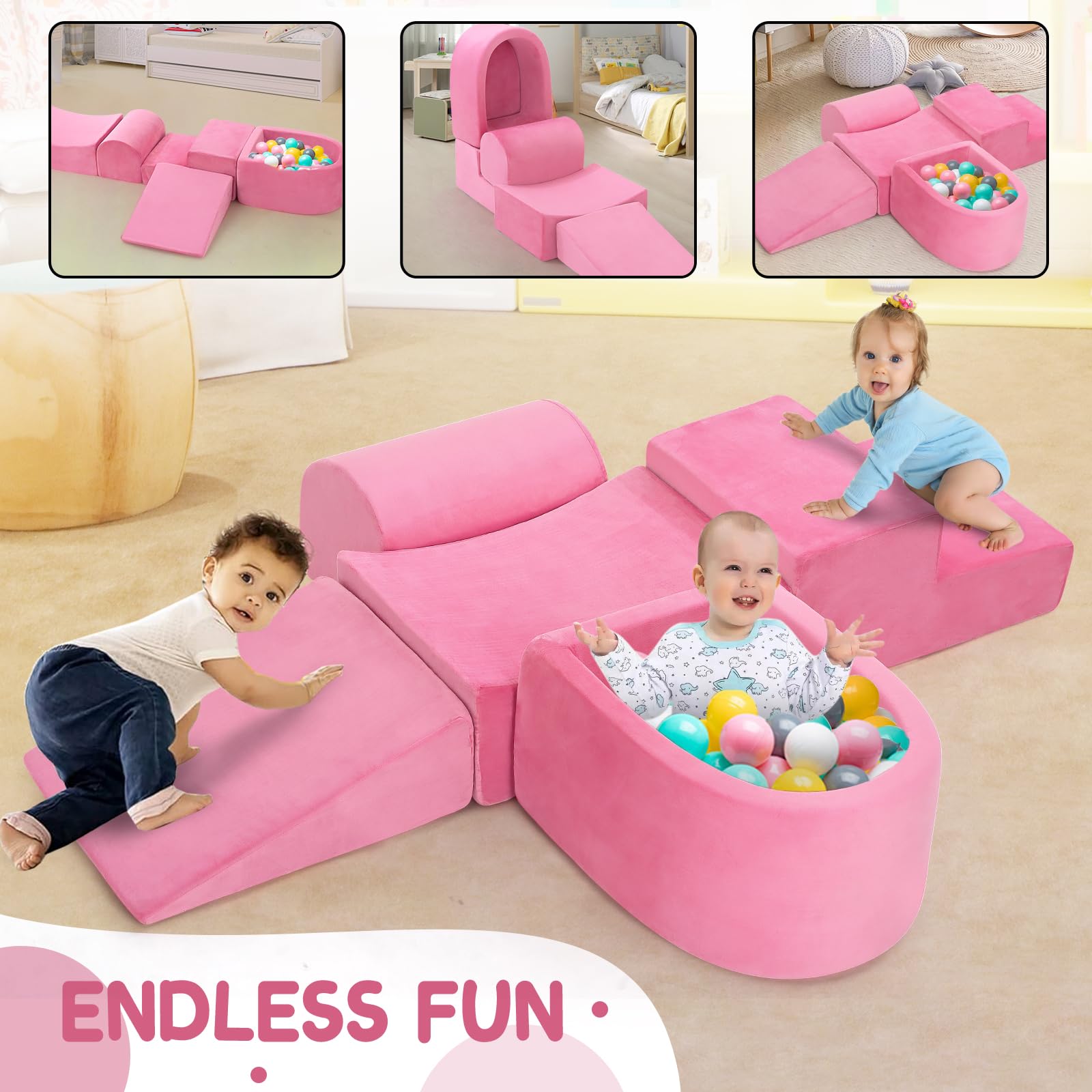Soft Play Climbing Blocks for Toddlers - 5-Piece Foam Climbing & Crawl Playset with Ball Pit | Safe Indoor Baby Climbing Toys for Crawling, Sliding & Playtime | Perfect for Nursery, Playroom & Daycare (Pink)