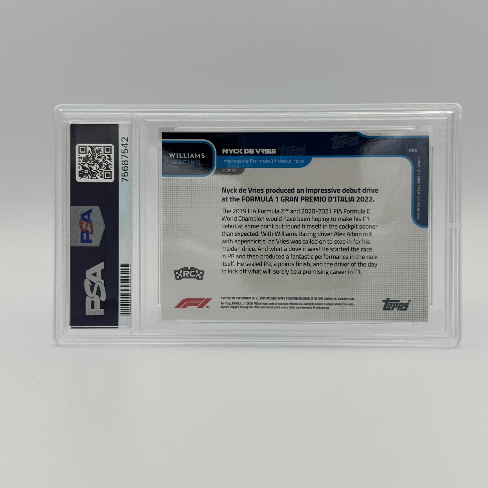 PSA 9 Graded 3/10 Nyck de Vries Formula 1 Debut Rookie Card #056 Blue - Perfect for F1 Collectors & Racing Memorabilia Displays