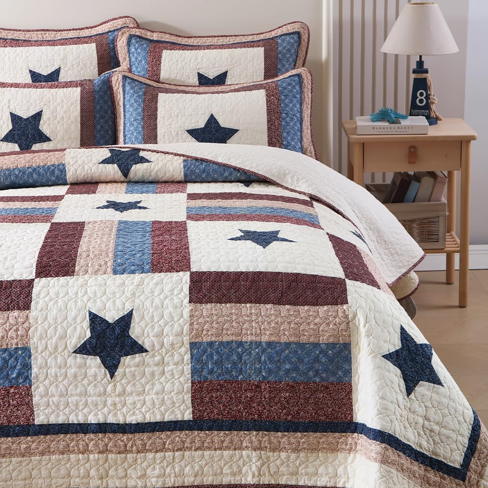 3-Piece Cotton Reversible Quilt Set - All Season King Size Bedspread with Mediterranean Star Pattern for Boys | Soft & Breathable Bedding for Kids' Room, Guest Bed, Dorm