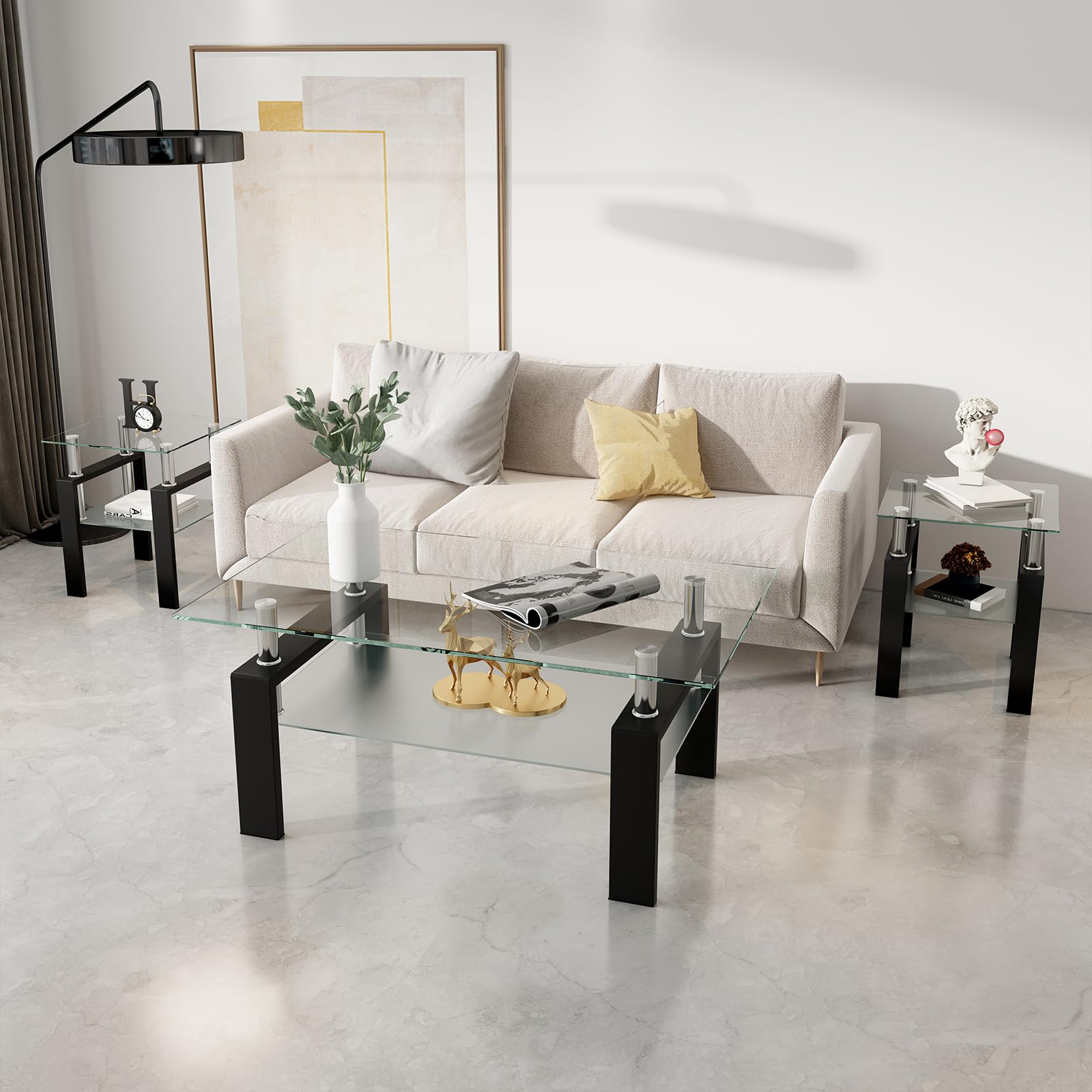 3-Piece Glass Coffee Table Set - Modern Black Living Room Table with Metal Frame (Black) - Perfect for Small Spaces, Apartments & Cozy Home Decor