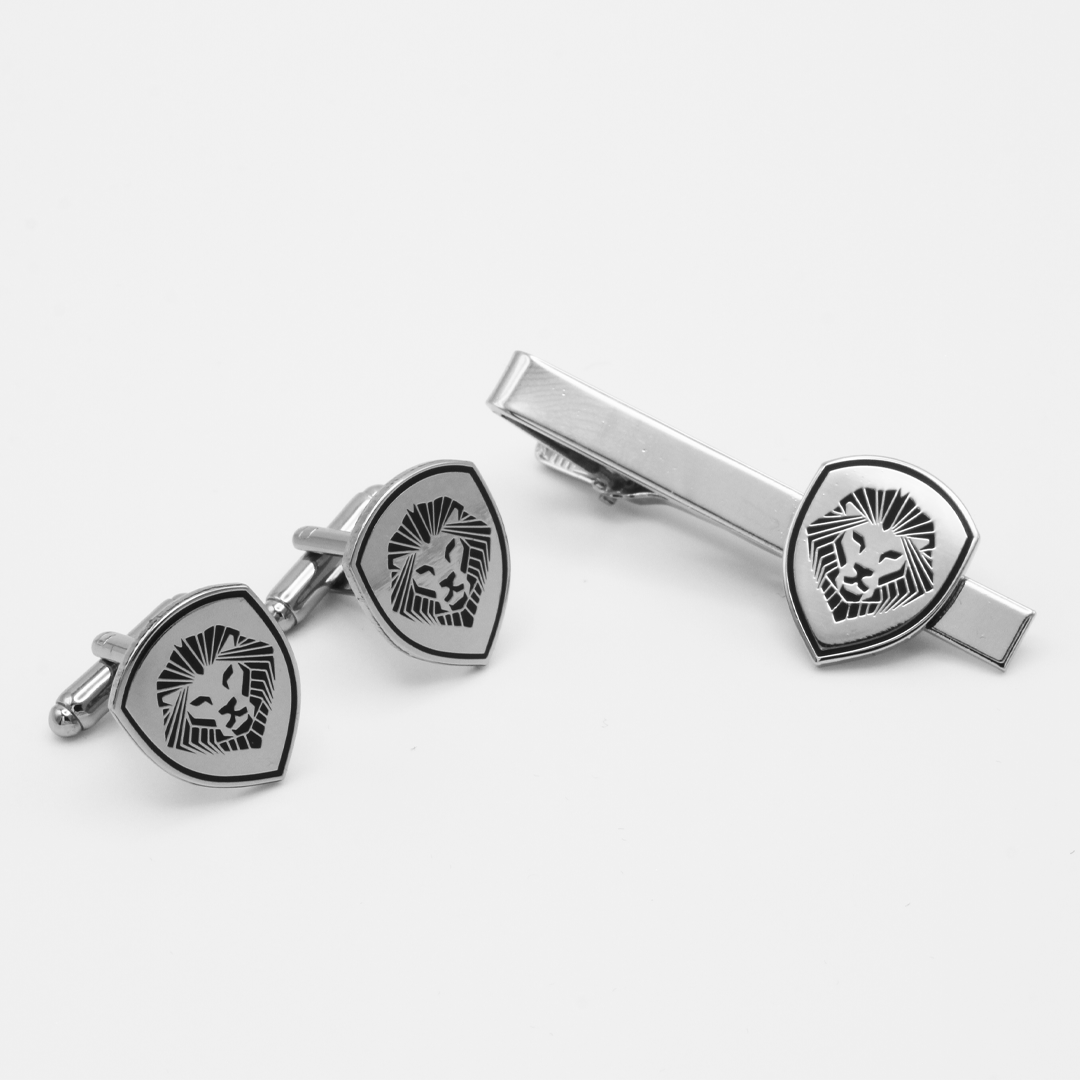 Lion Shield Valuetainment Black & Silver Cufflink & Tie Bar Set for Men - Elegant Formal Accessories for Weddings, Business Meetings & Special Occasions