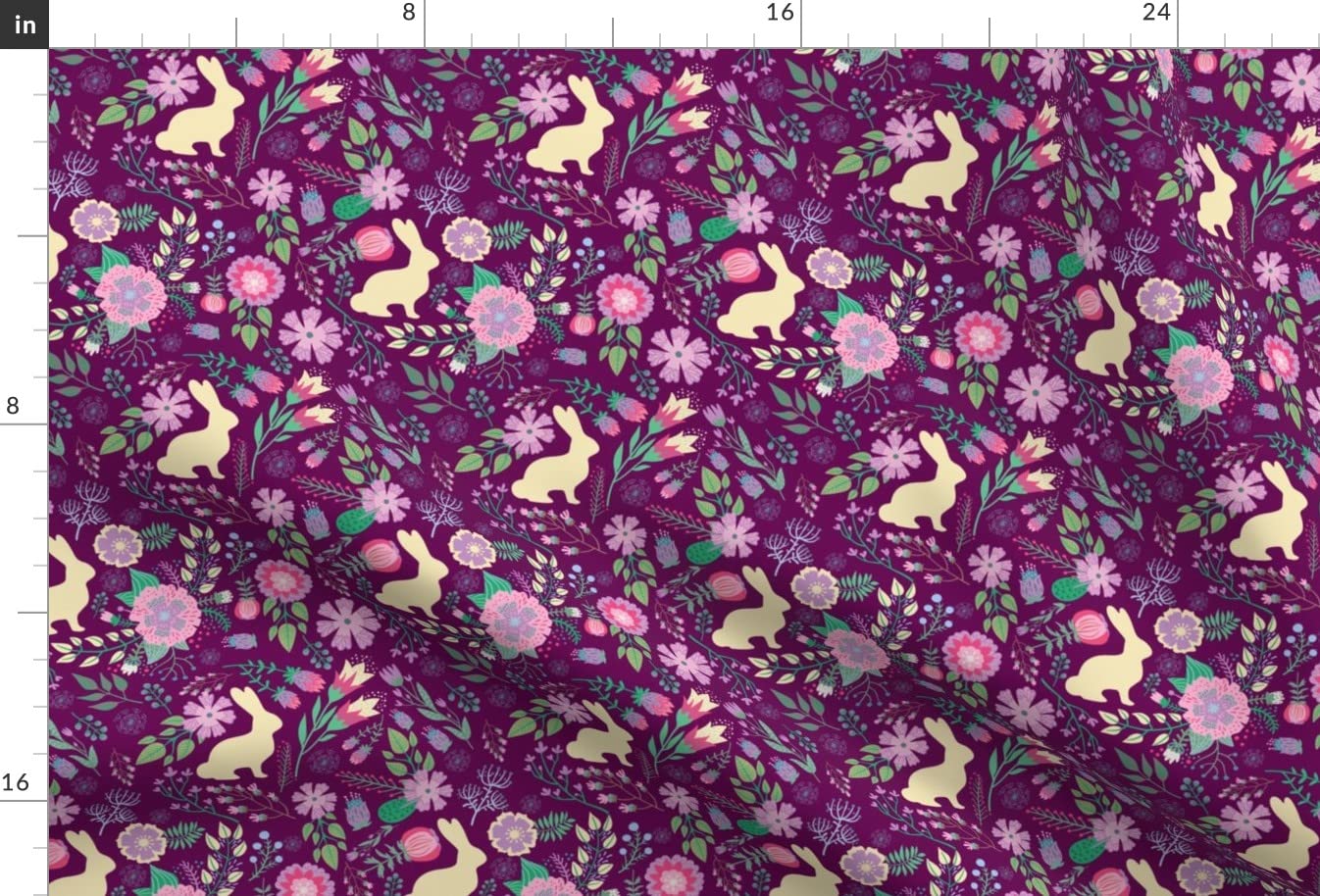 Easter Bunnies Floral Printed Chiffon Fabric - Raspberry Spring Wine Bunny Rabbit Flowers Design for Sewing, Fashion Dresses & Home Decor - Perfect for DIY Apparel, Curtains and Easter Decorations