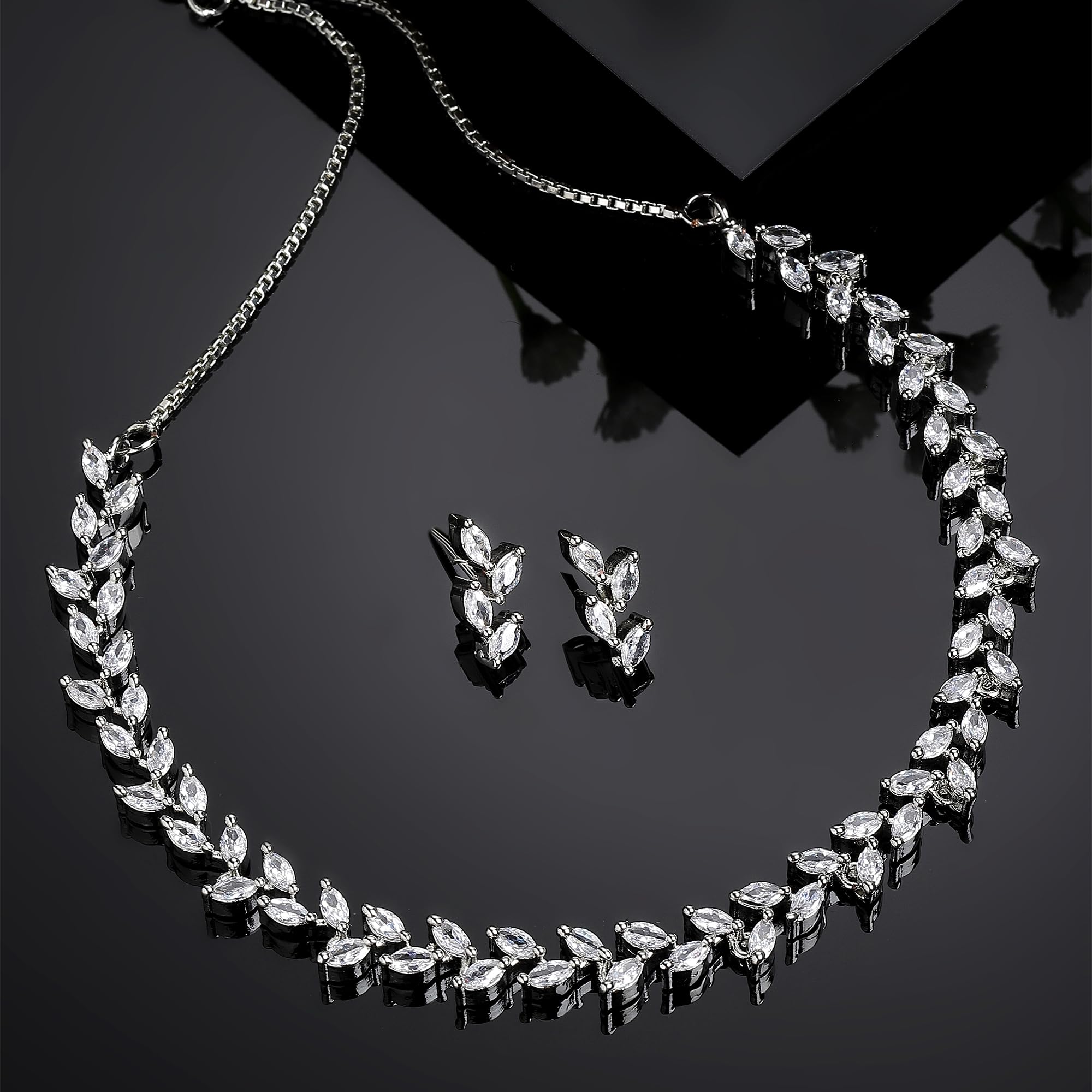 Rose Gold-Plated Leaf Design Black & White Diamond Studded Jewelry Set for Women - Elegant Necklace & Earrings Set for Parties, Weddings & Special Occasions