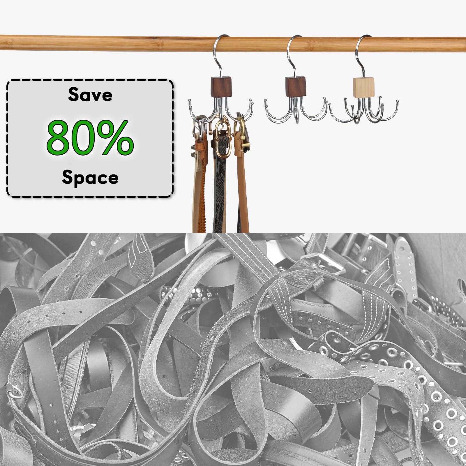 Rotatable Belt Hanger for Closet - 6 Hooks Storage Organizer for Belts, Socks, Gloves & Accessories | Space-Saving Closet Organizer for Bedroom, Dorm & Entryway