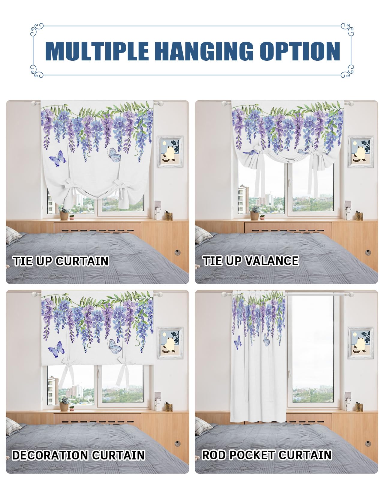 Adjustable Balloon Tie-Up Blackout Window Valance Curtain - 42x63 Inch Spring Floral Purple Flower Butterfly Design for Bedroom, Farmhouse & Kitchen Decor | Rod Pocket Panel for Light Control & Privacy