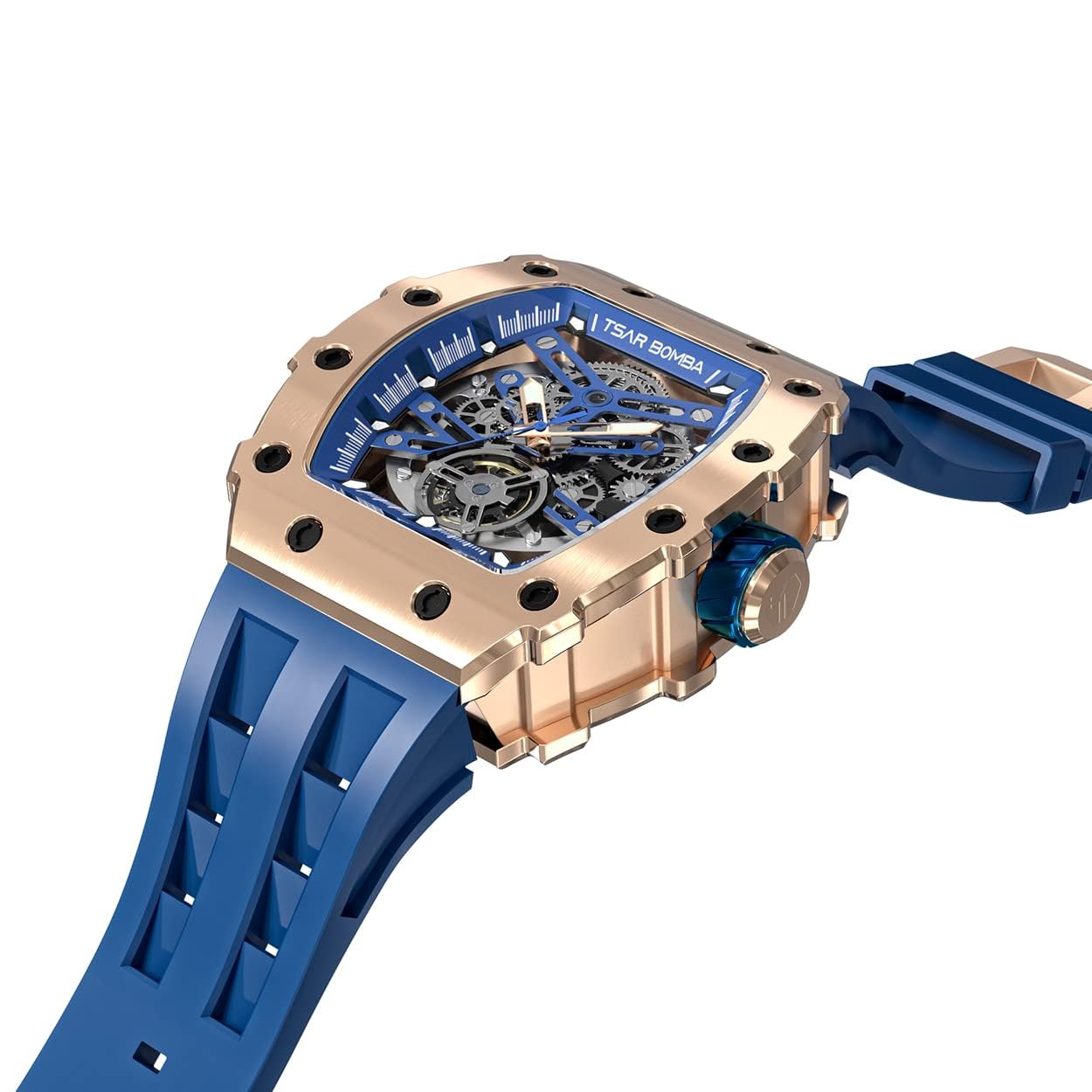 TSAR BOMBA Men's Automatic Skeleton Watch - Luxury Mechanical Tonneau Watch with 50M Waterproof, Big Square Dial & Silicone Strap - Perfect for Business, Formal Events & Everyday Wear