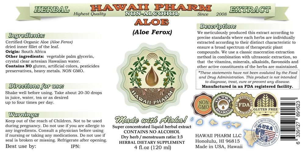 Organic Aloe Ferox Leaf Glycerite Extract - Alcohol-Free, Unfiltered 2x32 oz - Natural Herbal Supplement for Skin Care, Digestion & Immunity - by Hawaii Pharm