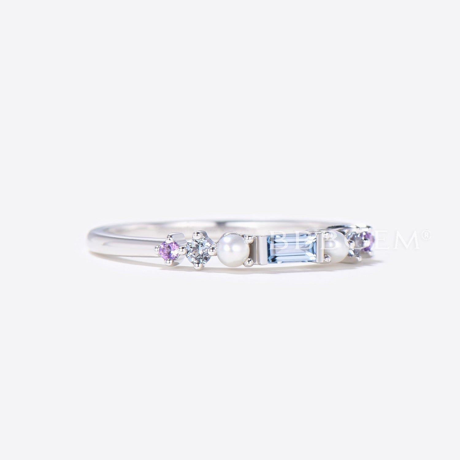 Vibrant Multi-Color Gemstone Family Ring - Aquamarine, Pearl & Amethyst Birthstone Rainbow Band for Women | Perfect for Mother's Day, Anniversary Gifts & Special Occasions