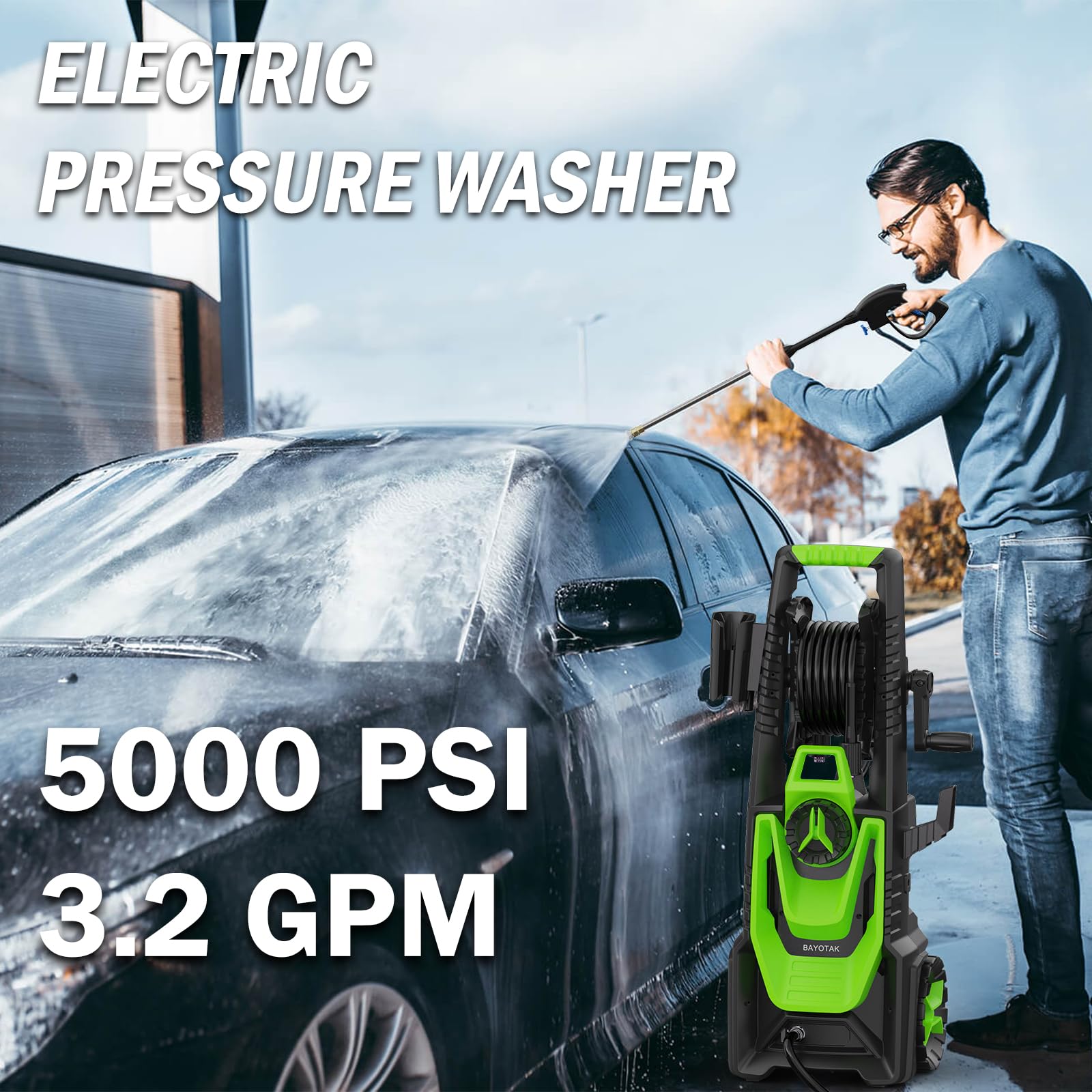 5000 PSI Electric Pressure Washer with Foam Cannon - 3.2 GPM High Power Cleaning Machine for Cars, Driveways & Outdoor Surfaces - Includes 35ft Cord, 20ft Hose, Hose Reel & 4 Nozzles - Perfect for Home, Garage & Commercial Cleaning