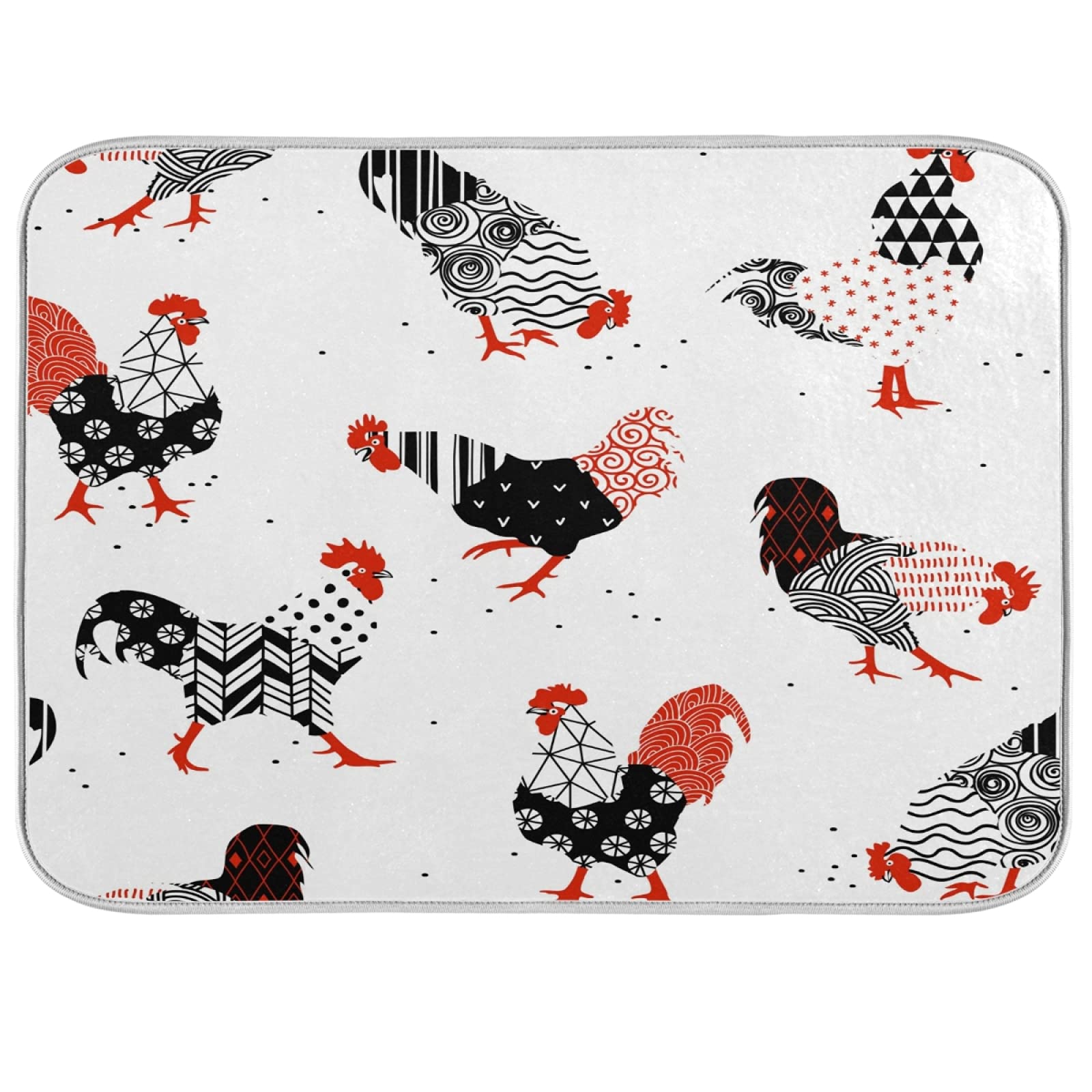 Rooster Plaid Dish Drying Mat 18x24 Inch - Absorbent Microfiber Kitchen Counter Protector for Home Decor