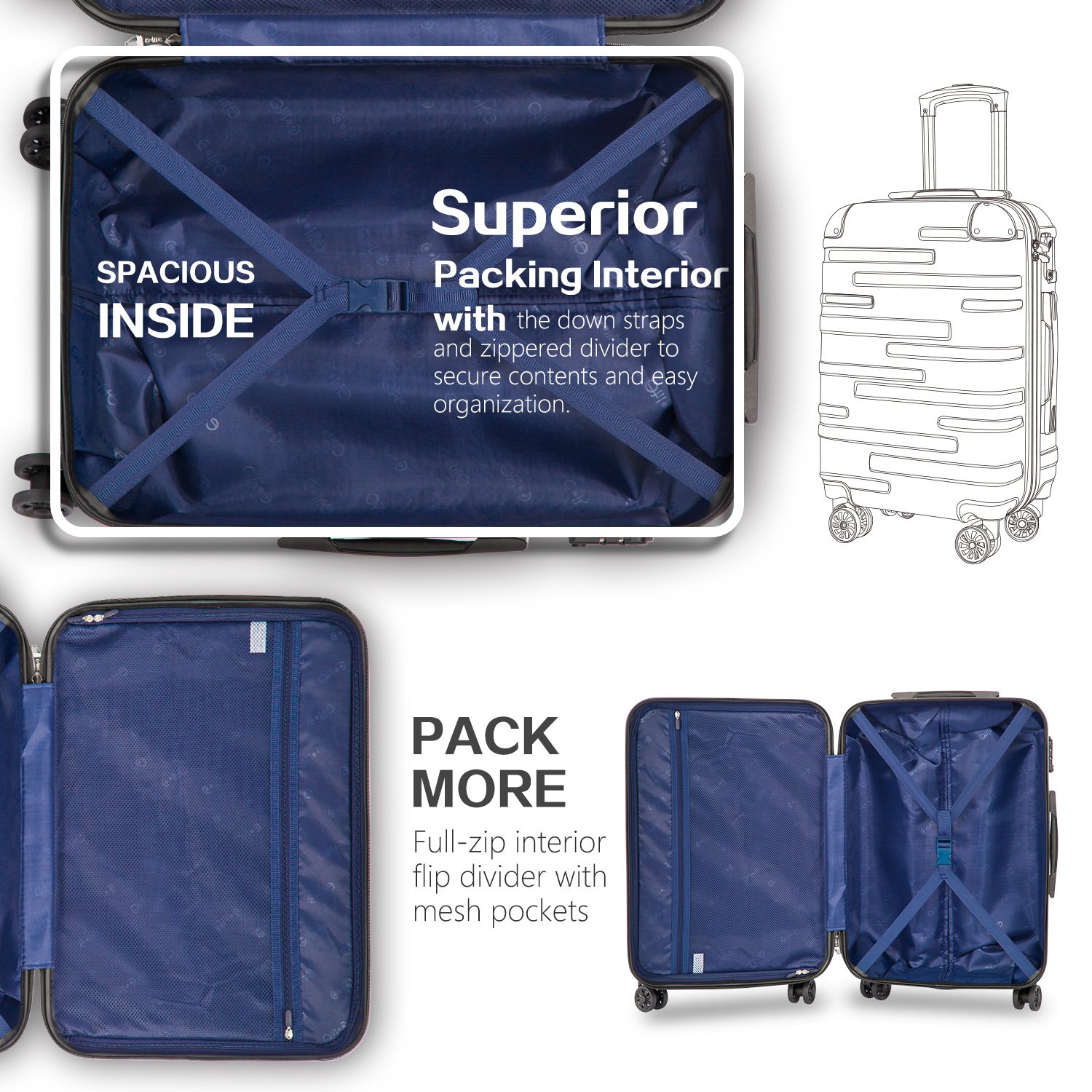 Coolife Expandable 3-Piece Luggage Set with TSA Lock, Spinner Wheels (20in, 24in, 28in) - Blue | Perfect for International Travel & Family Vacations