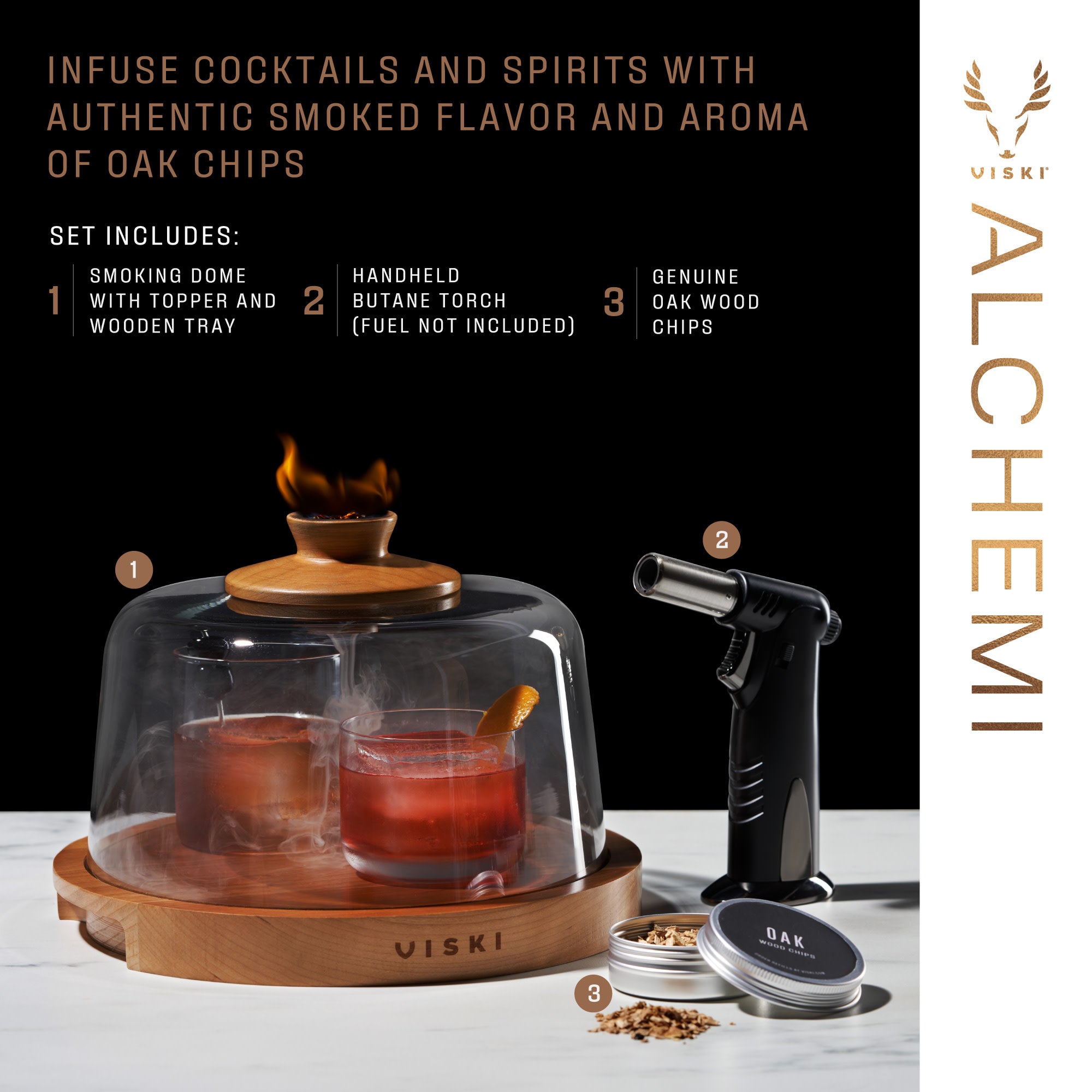 Premium Alchemi Smoked Cocktail Dome Kit - Whiskey & Cocktail Smoking Set with Glass Dome, Wooden Base & Reusable Sticks (Perfect for Home Bars, Parties & Gifts)