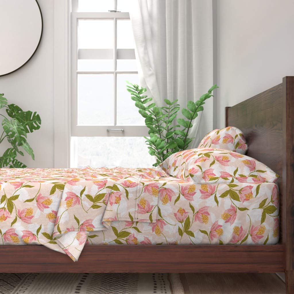 100% Cotton Twin Sheet Set 3-Piece - Tropical Floral Pink Green Botanical Print | Exotic Island Design Custom Bedding | Perfect for Beach House, Boho Bedroom & Summer Home Decor
