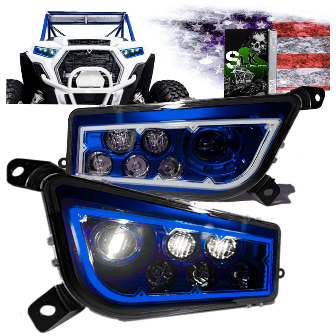SLK-Lights Blue LED Headlight Kit for Polaris RZR 900/1000 XP Turbo & General (2015-2021) - Durable Off-Road Lighting with Blue Halo Ring - Perfect for Night Trail Riding & Off-Road Adventures