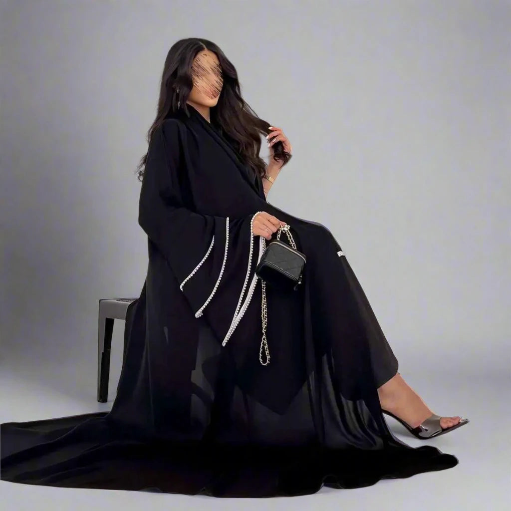 Elegant Beaded Sleeve Muslim Women's Cardigan Open Abaya Dress - Perfect for Prayer, Mosque Visits & Modest Fashion