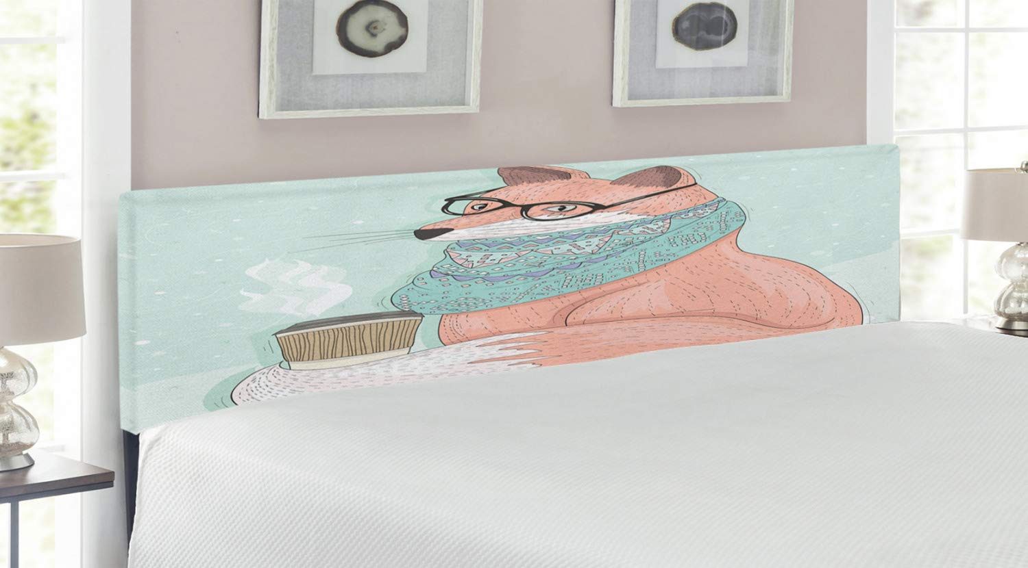 Ambesonne King Size Upholstered Metal Bed Headboard with Memory Foam - Fox Glasses & Scarf Hippie Animal Illustration in Coral Mint Green | Perfect for Bohemian Bedroom Decor & Cozy Reading Nook