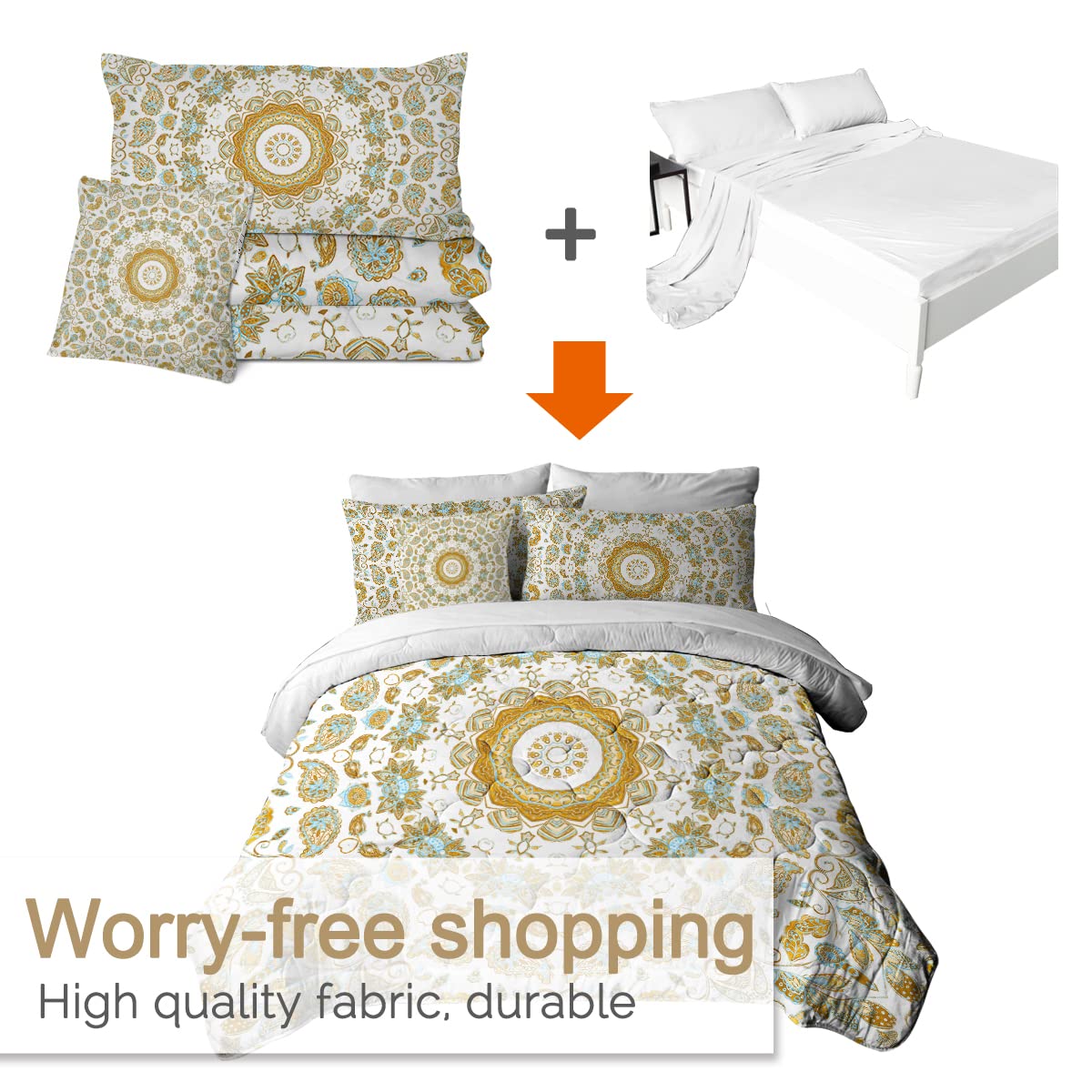 BlessLiving Yellow Mandala Comforter Set - 8 Piece Bohemian Flower Bedding Collection with Lightweight Queen Comforter, Sheets, Pillowcases, Shams & Cushion Cover for Cozy Bedroom Decor | Perfect for Guest Rooms, Dorms & Boho Chic Home Styling