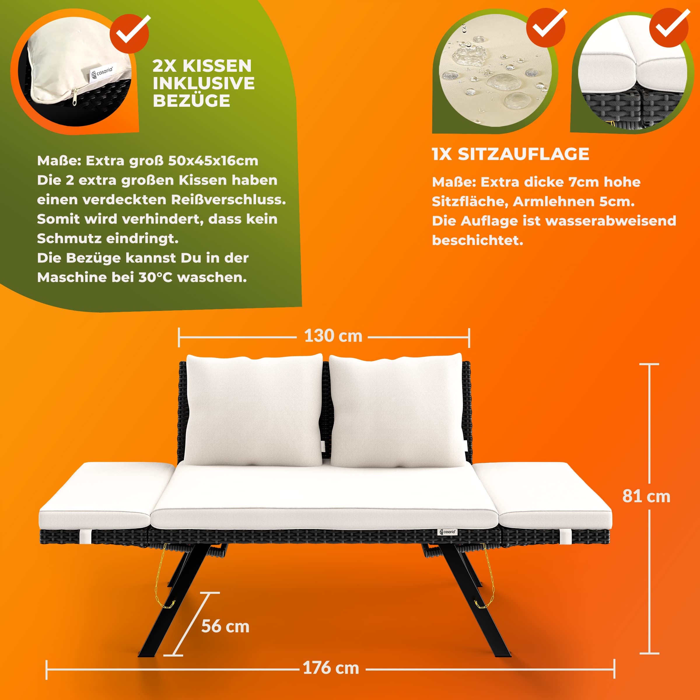 Casaria® Adjustable Poly Rattan Garden Bench with Cushions - Weatherproof Outdoor Patio Furniture for Garden, Terrace, Balcony - Perfect for Lounging & Relaxing
