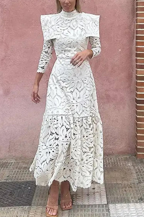 Elegant Solid Color Hollow Lace High Neck Long Sleeve Maxi Dress for Women - Perfect for Weddings, Parties & Special Occasions