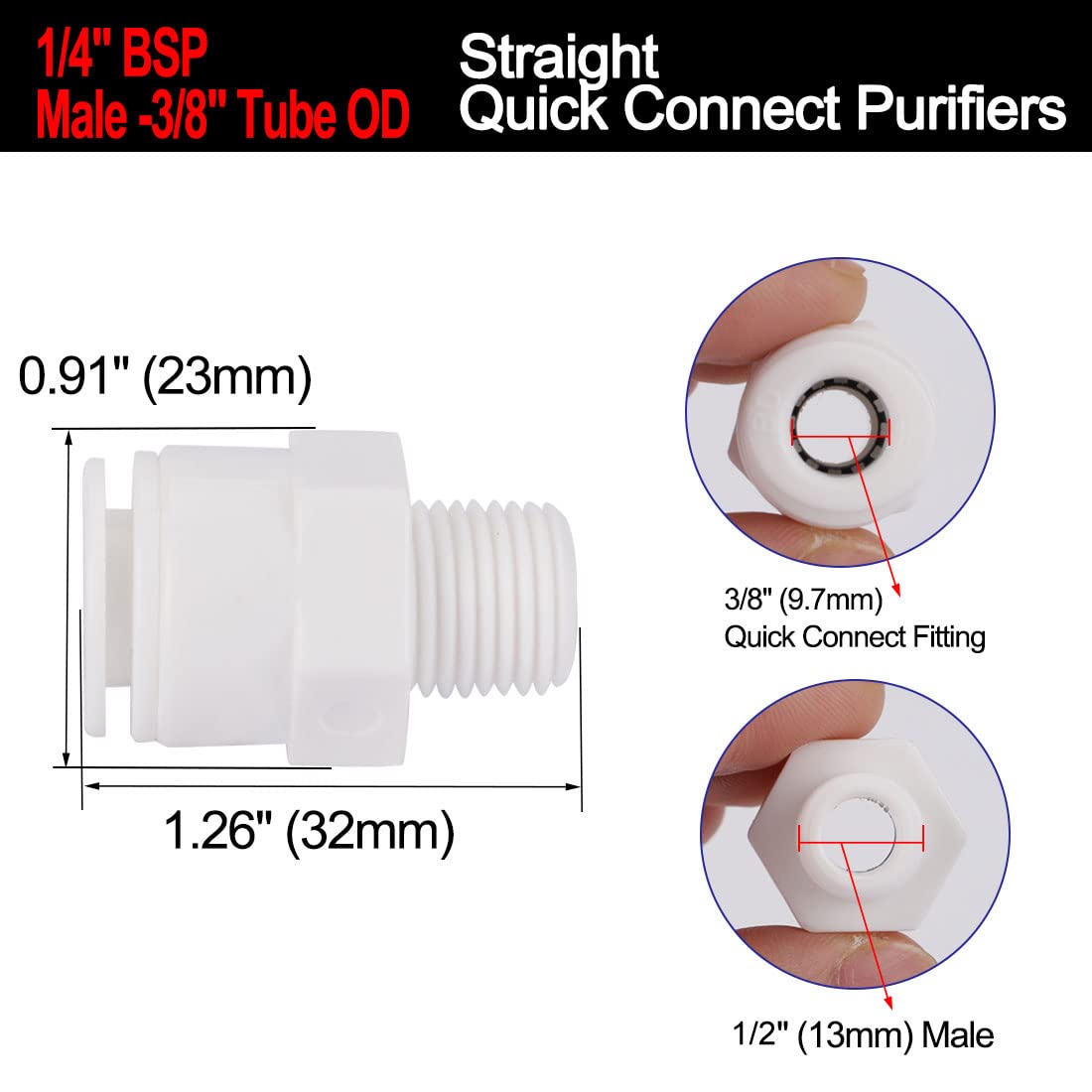 5pcs 1/4 Inch BSP Male to 3/8 Inch OD Straight Quick Connect Water Fitting - Push-in Tube Connector for RO Reverse Osmosis System, Water Purifier, and Plumbing Applications