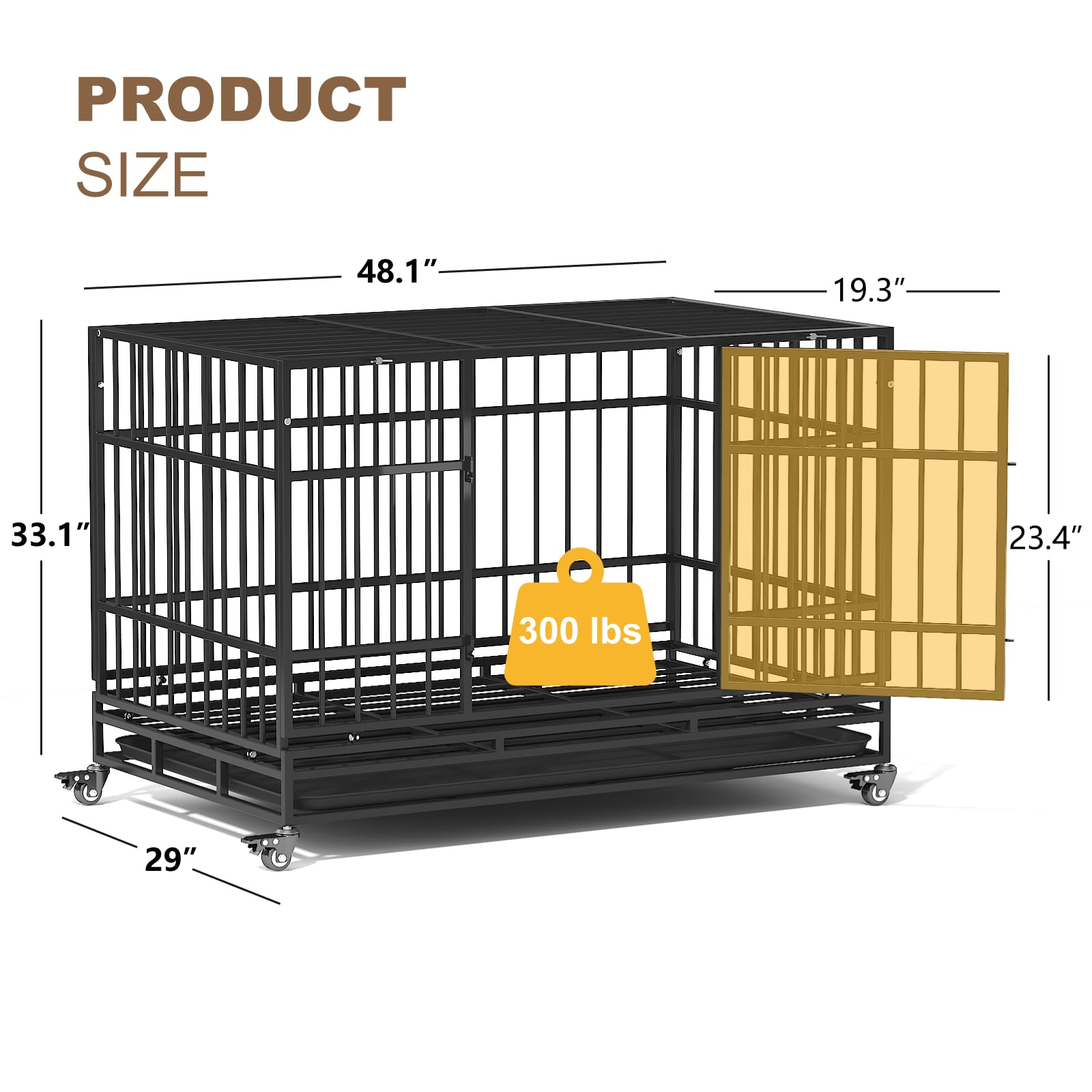 48 Inch Heavy Duty Dog Crate for Large Dogs - Escape Proof Steel Dog Cage with Self-Locking Latch & 4 Lockable Wheels - Indoor Dog Kennel for High Anxiety Pets - Easy to Clean Black Pet Crate - Perfect for Home, Travel, and Vet Visits