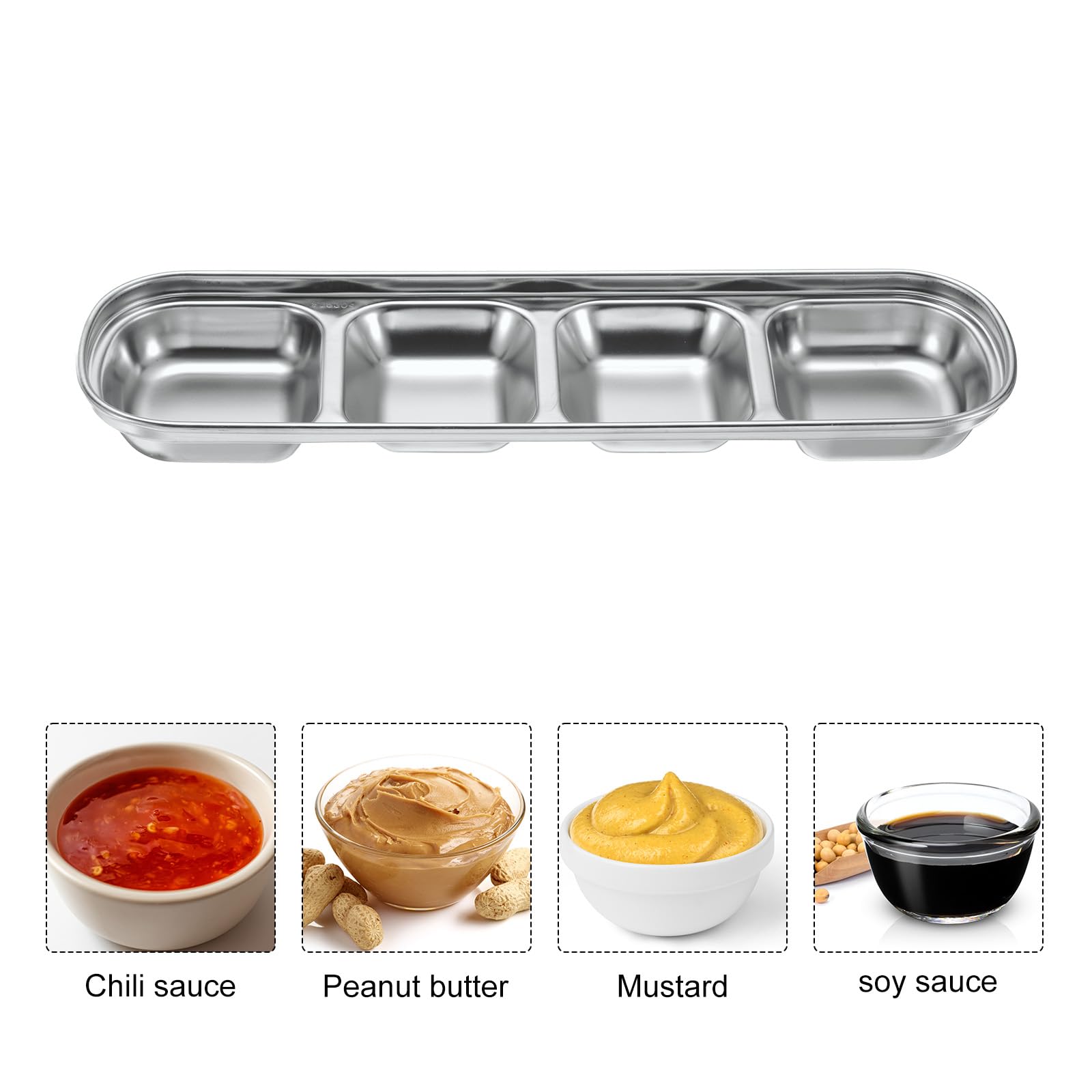 uxcell 2-Pack Stainless Steel Divided Dipping Bowls with 4 Compartments - Metal Condiment Tray for Seasoning, Sauces & Dips - Perfect for Home, Party, Restaurant, Picnic & Travel (Silver)