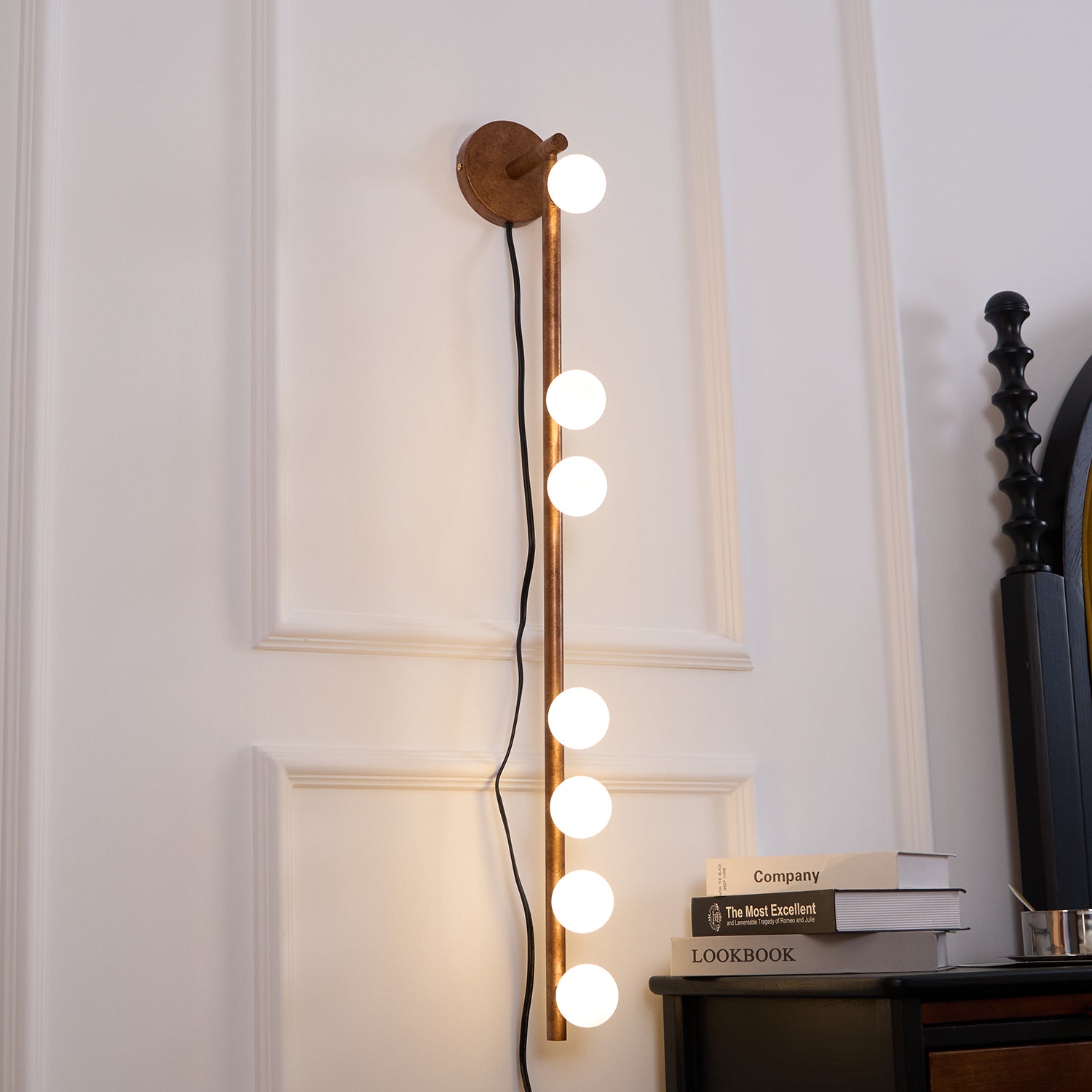 Vintage Brass Wall Sconce with Glass Tube Shade - Plug in Wall Lamp for Bedroom, Living Room, or Hallway Lighting