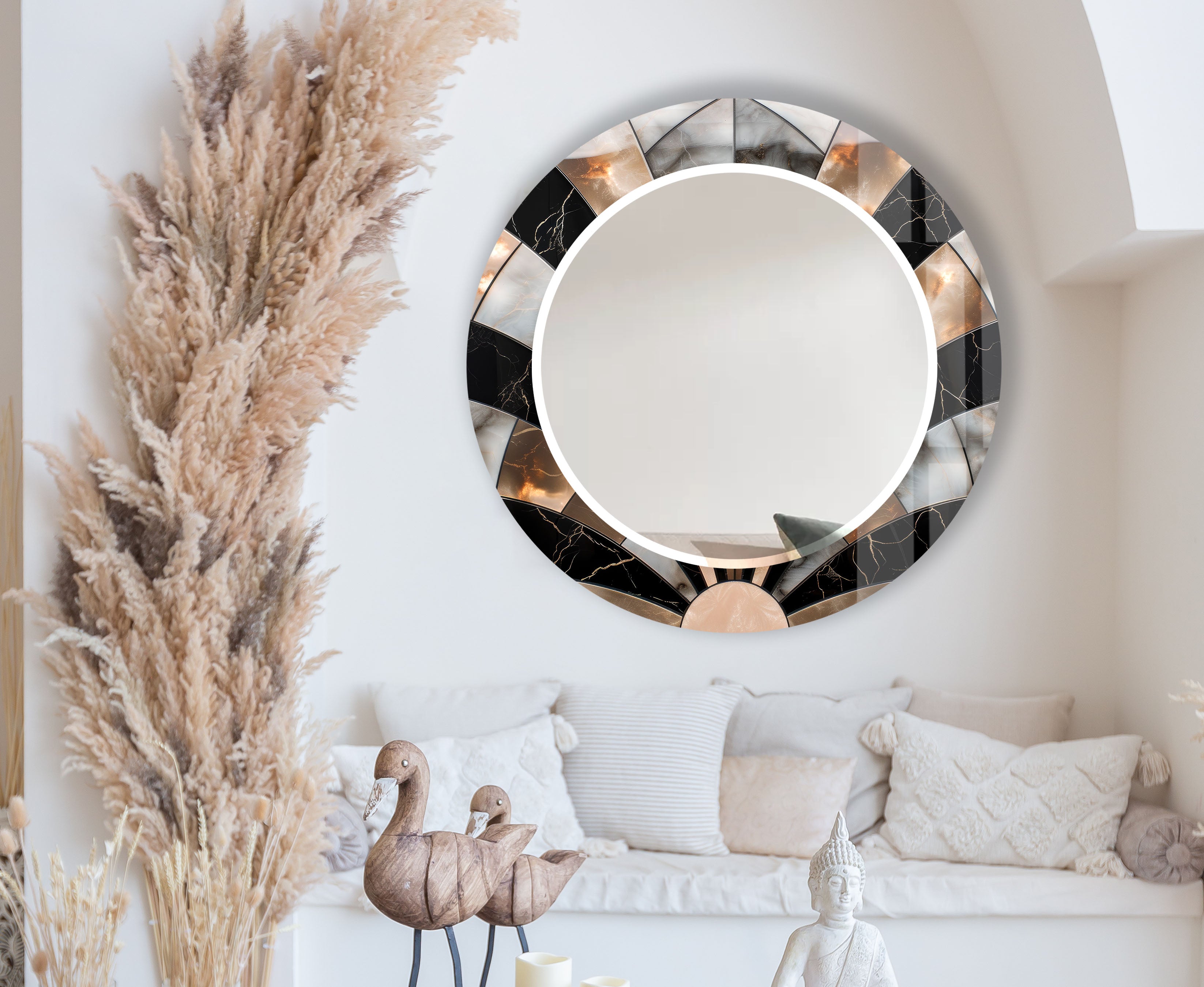 Elegant Black Marble Round Wall Mirror with Sunburst Frame - Perfect for Living Room, Bedroom, and Bathroom Decor
